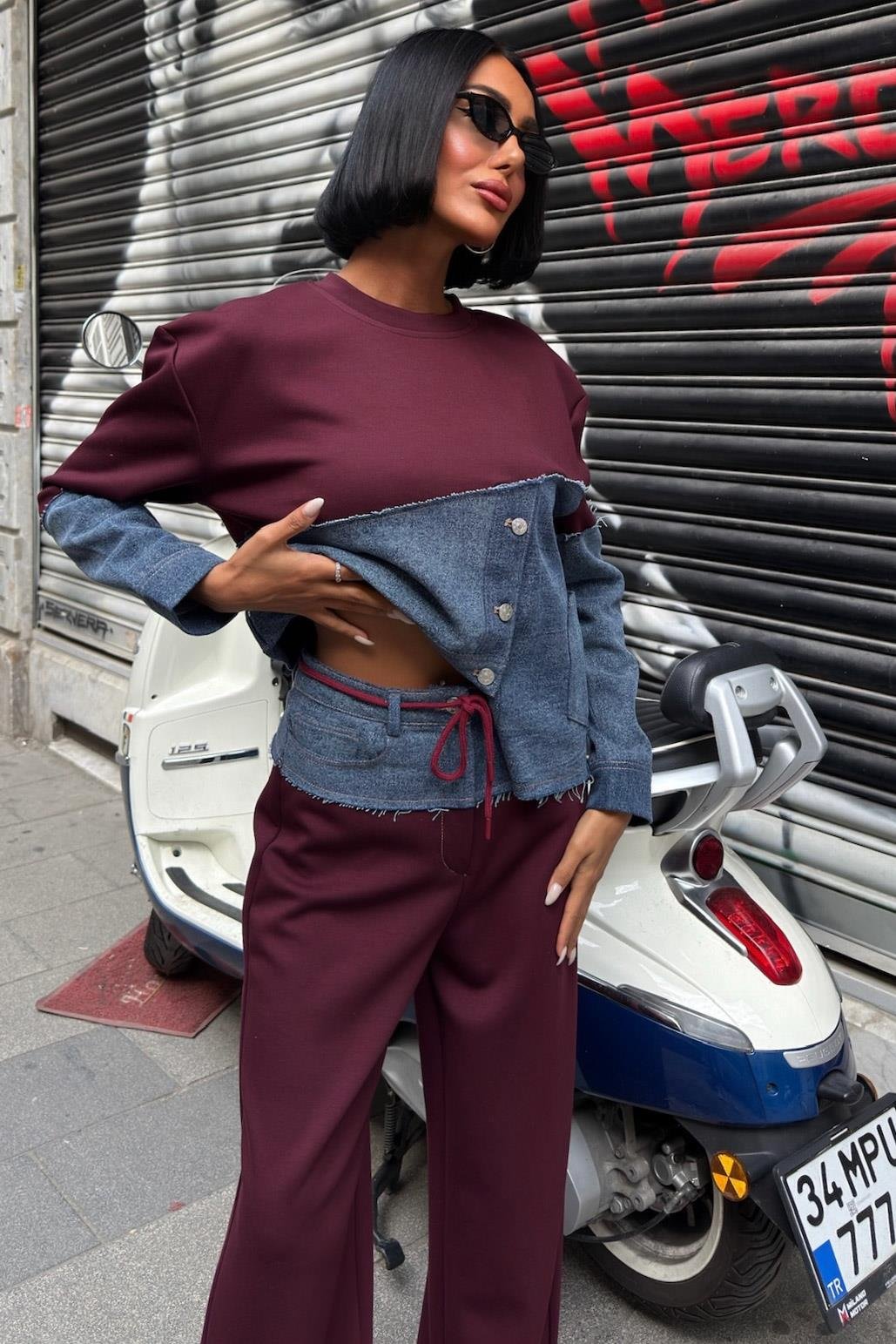 S6K10269Denim Garnili Asimetrik Modal Takım 10269