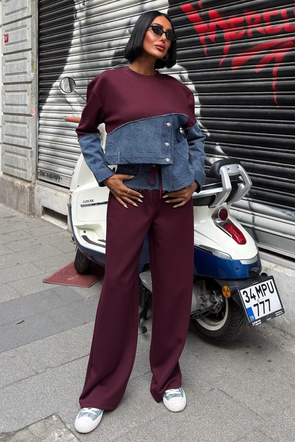 S6K10269Denim Garnili Asimetrik Modal Takım 10269