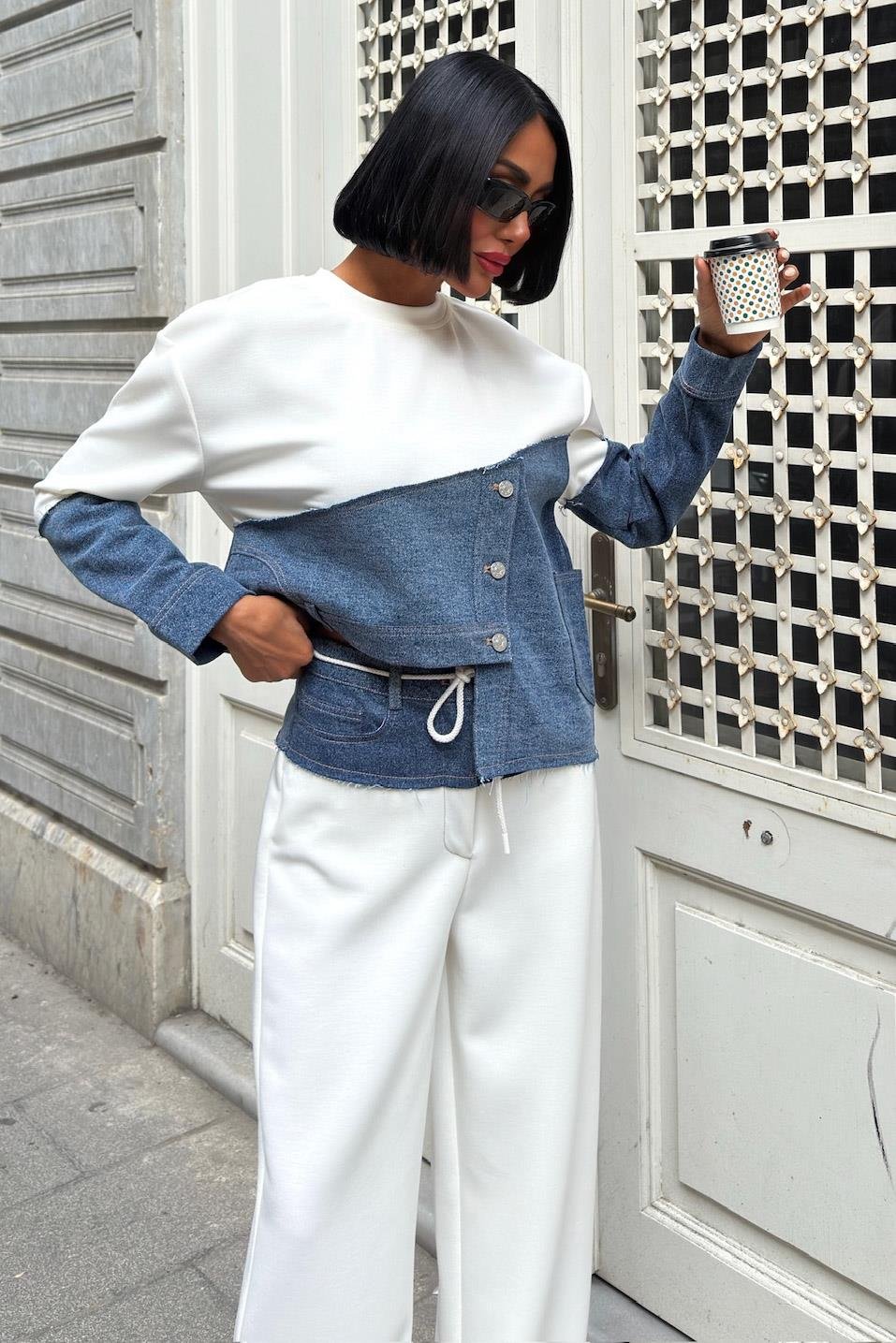 S6K10269Denim Garnili Asimetrik Modal Takım 10269