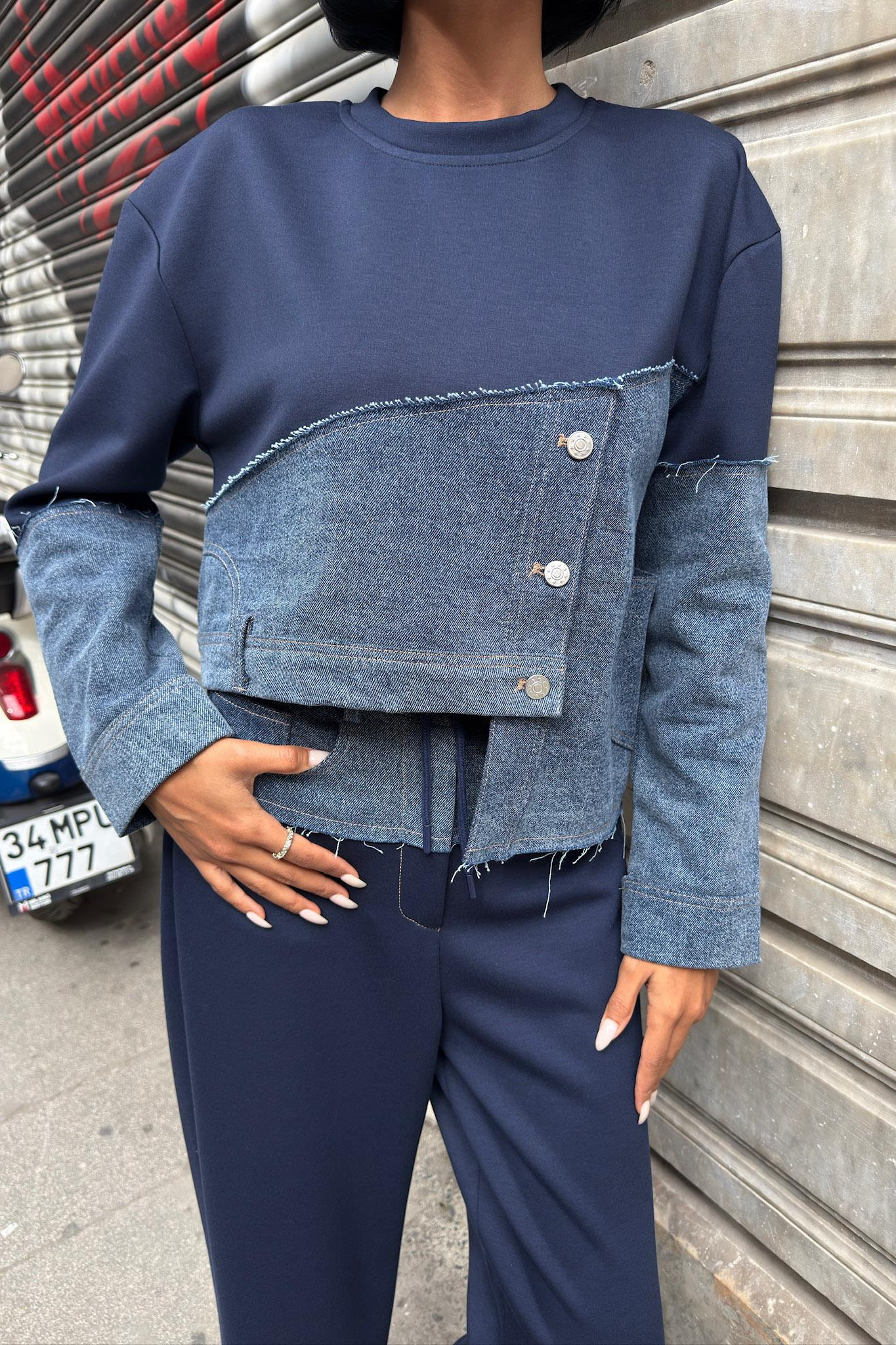 S6K10269Denim Garnili Asimetrik Modal Takım 10269