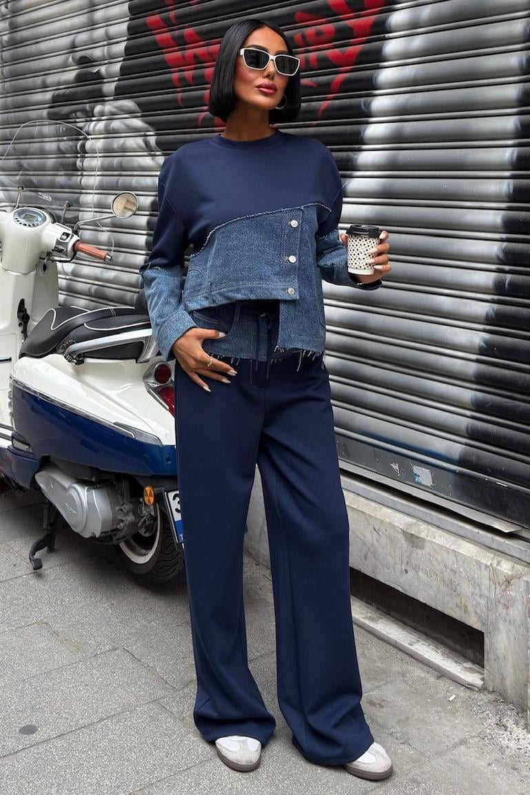 S6K10269Denim Garnili Asimetrik Modal Takım 10269