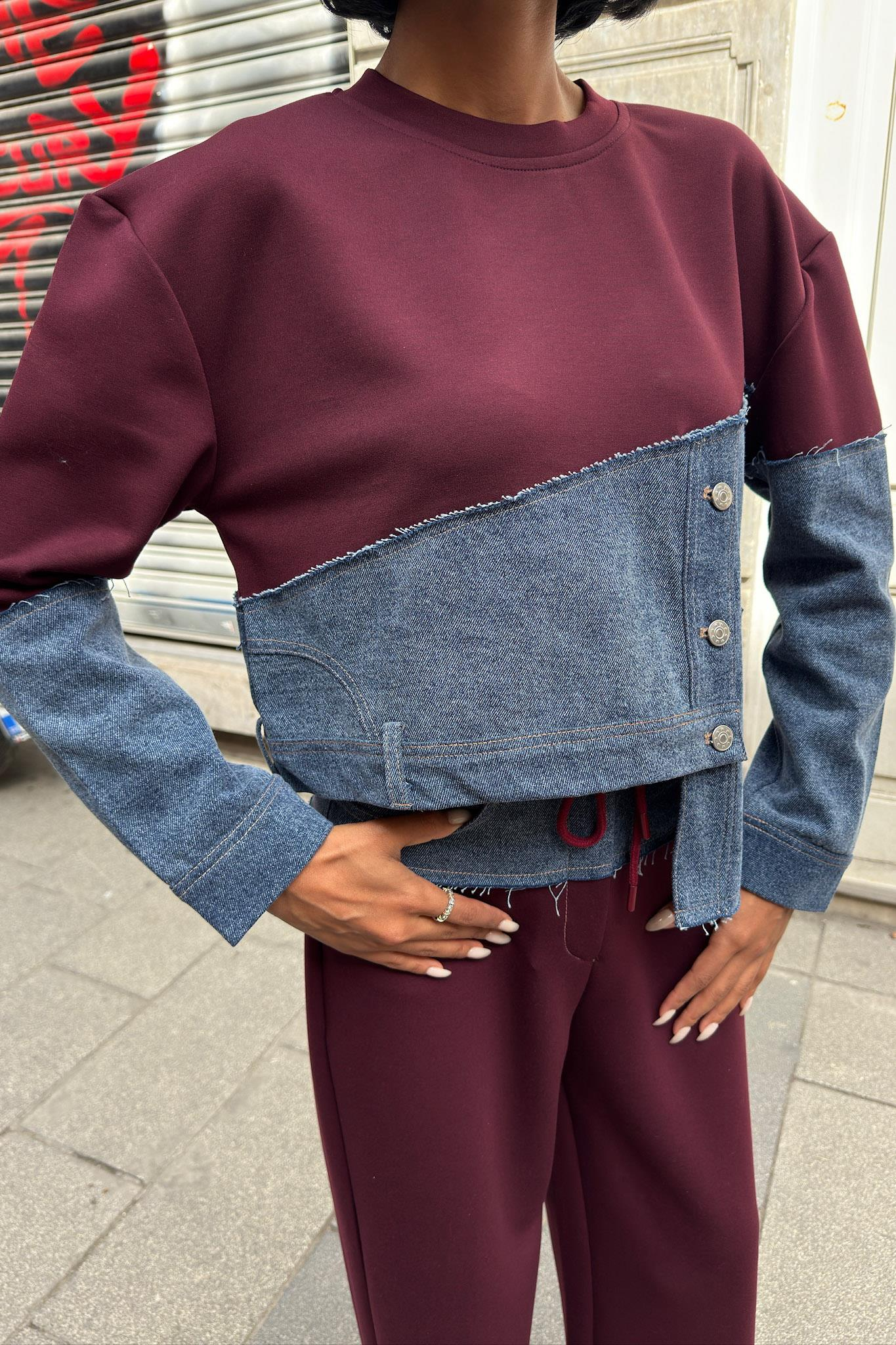 S6K10269Denim Garnili Asimetrik Modal Takım 10269