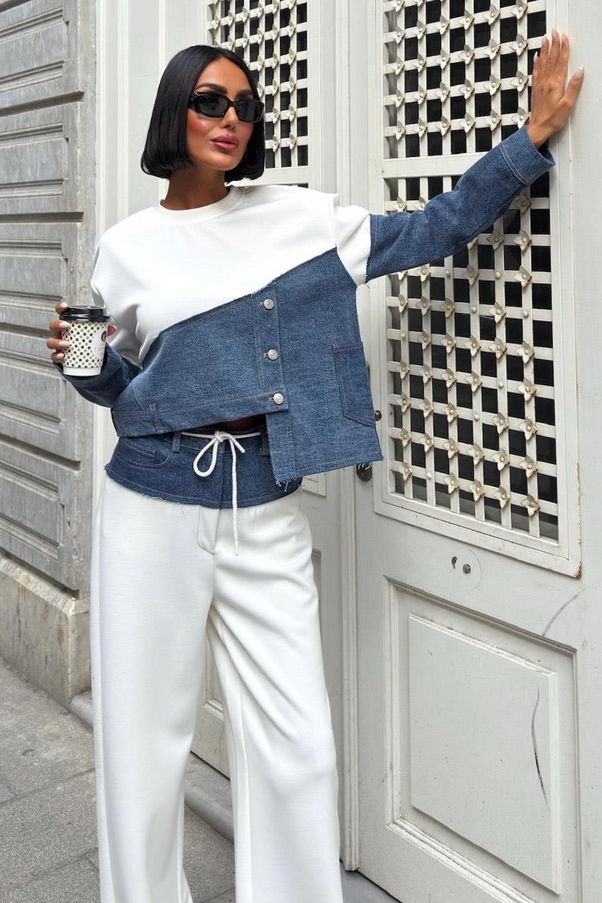 S6K10269Denim Garnili Asimetrik Modal Takım 10269