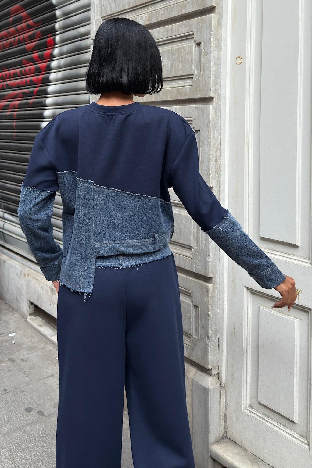 S6K10269Denim Garnili Asimetrik Modal Takım 10269