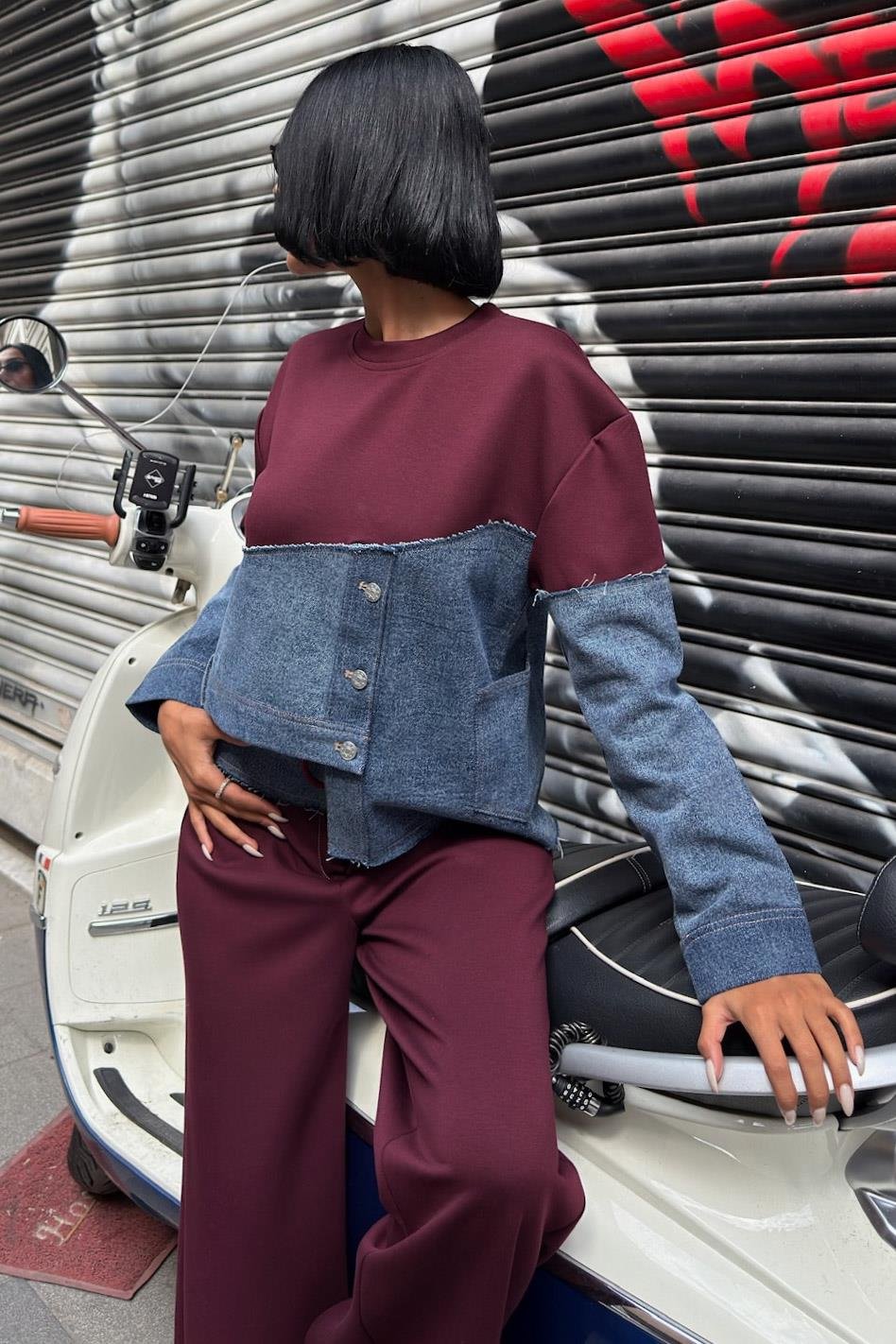 S6K10269Denim Garnili Asimetrik Modal Takım 10269