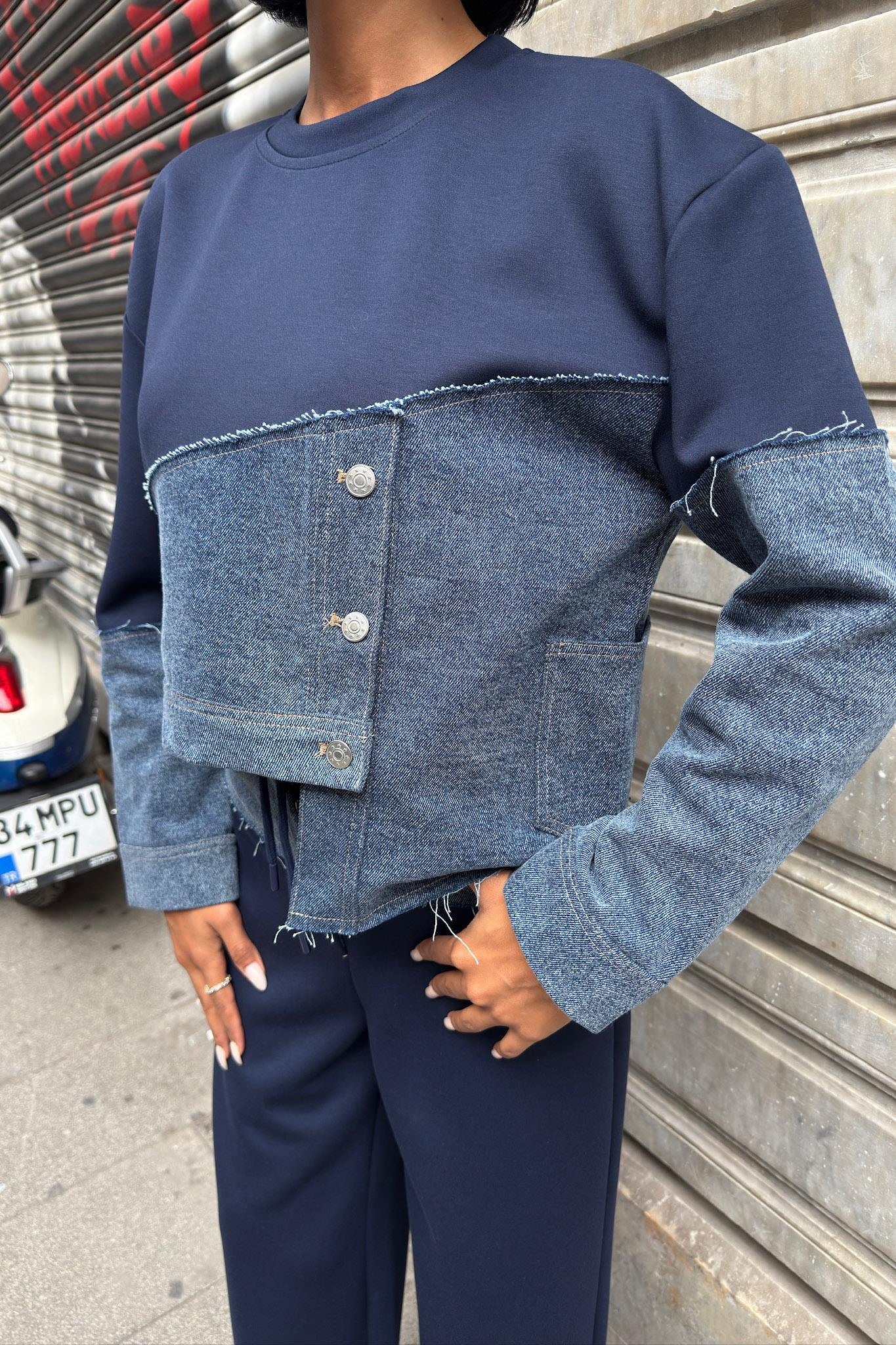 S6K10269Denim Garnili Asimetrik Modal Takım 10269