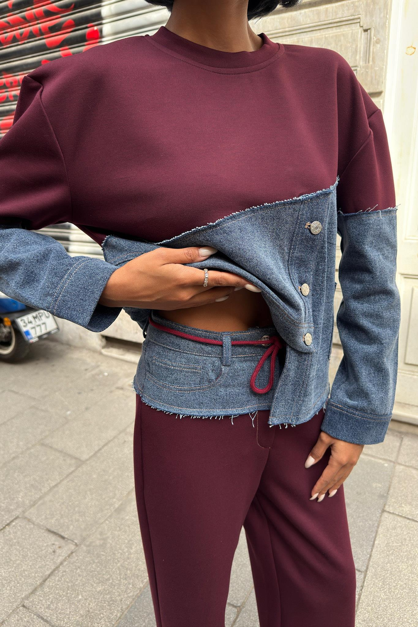 S6K10269Denim Garnili Asimetrik Modal Takım 10269