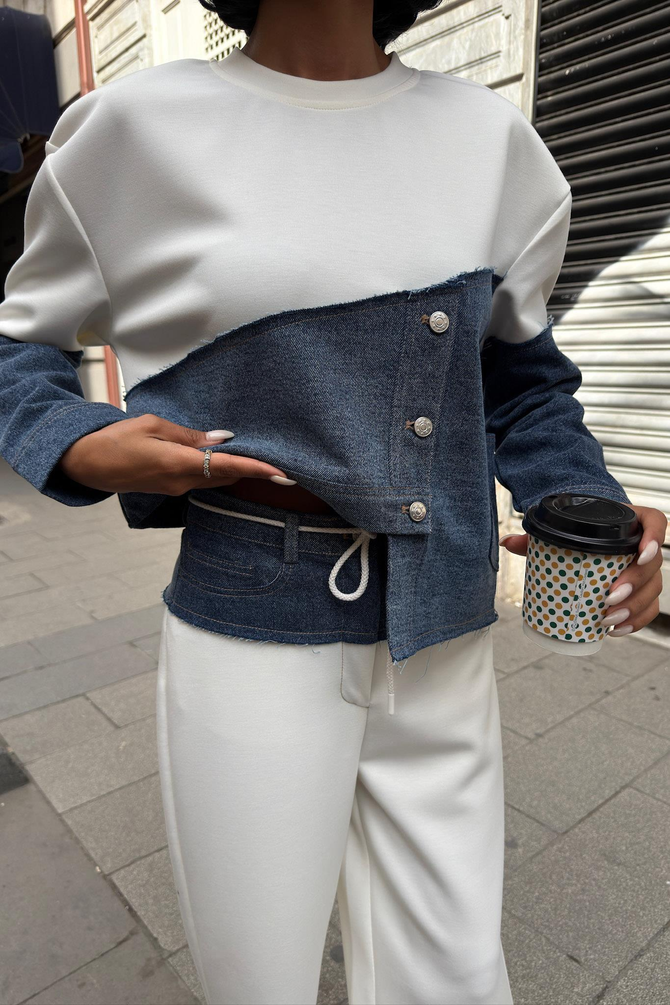 S6K10269Denim Garnili Asimetrik Modal Takım 10269