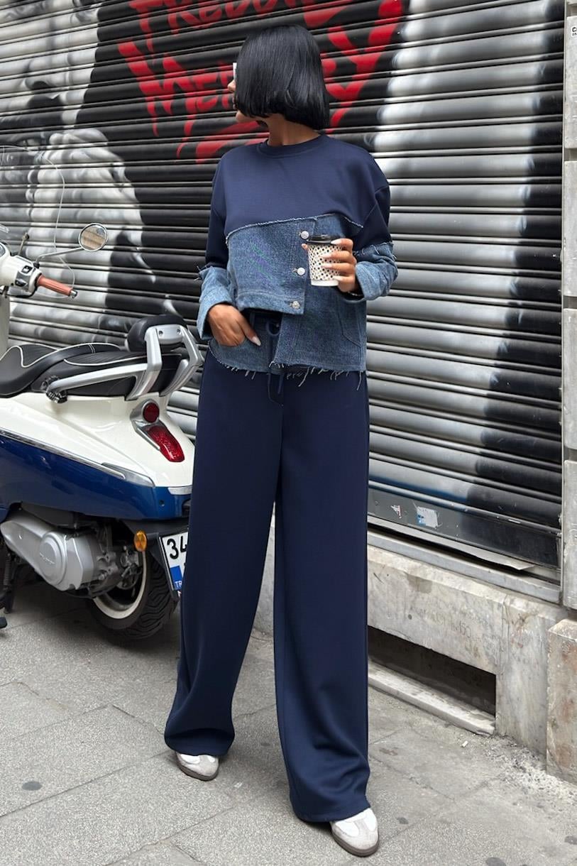 S6K10269Denim Garnili Asimetrik Modal Takım 10269
