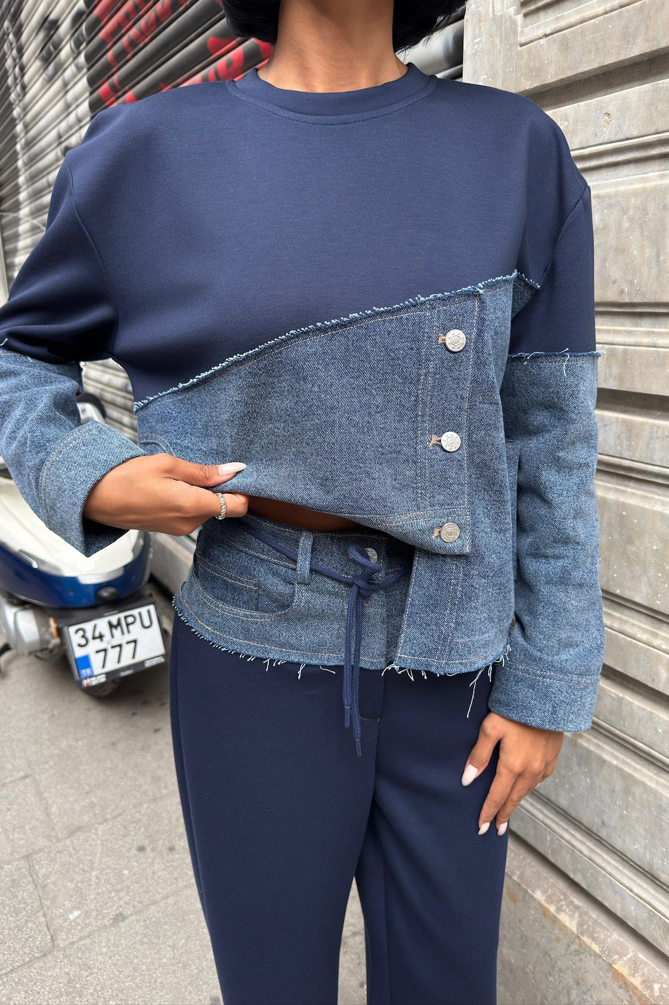 S6K10269Denim Garnili Asimetrik Modal Takım 10269