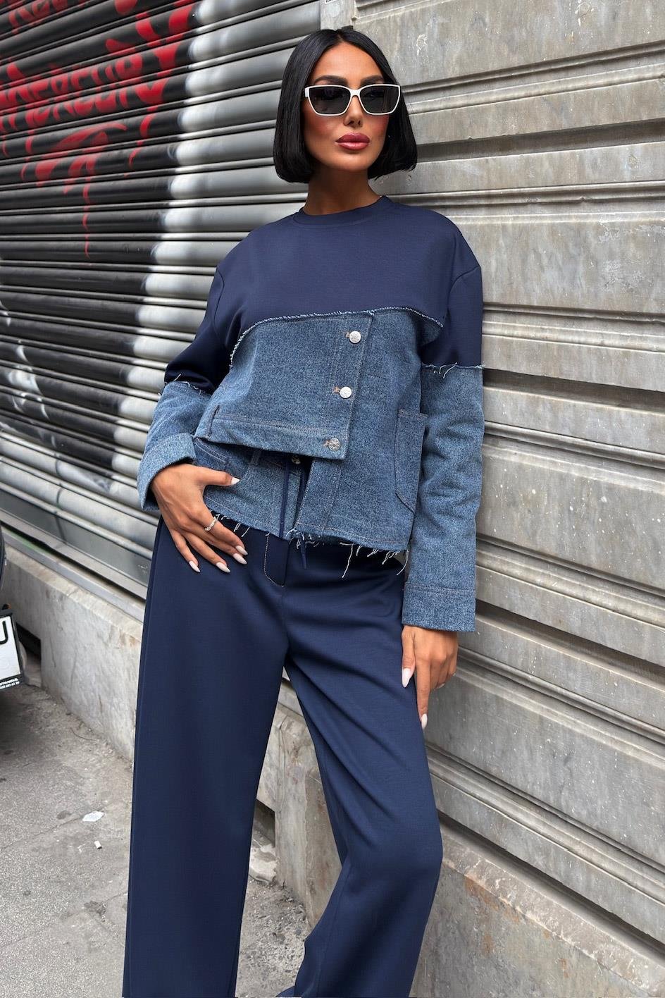 S6K10269Denim Garnili Asimetrik Modal Takım 10269