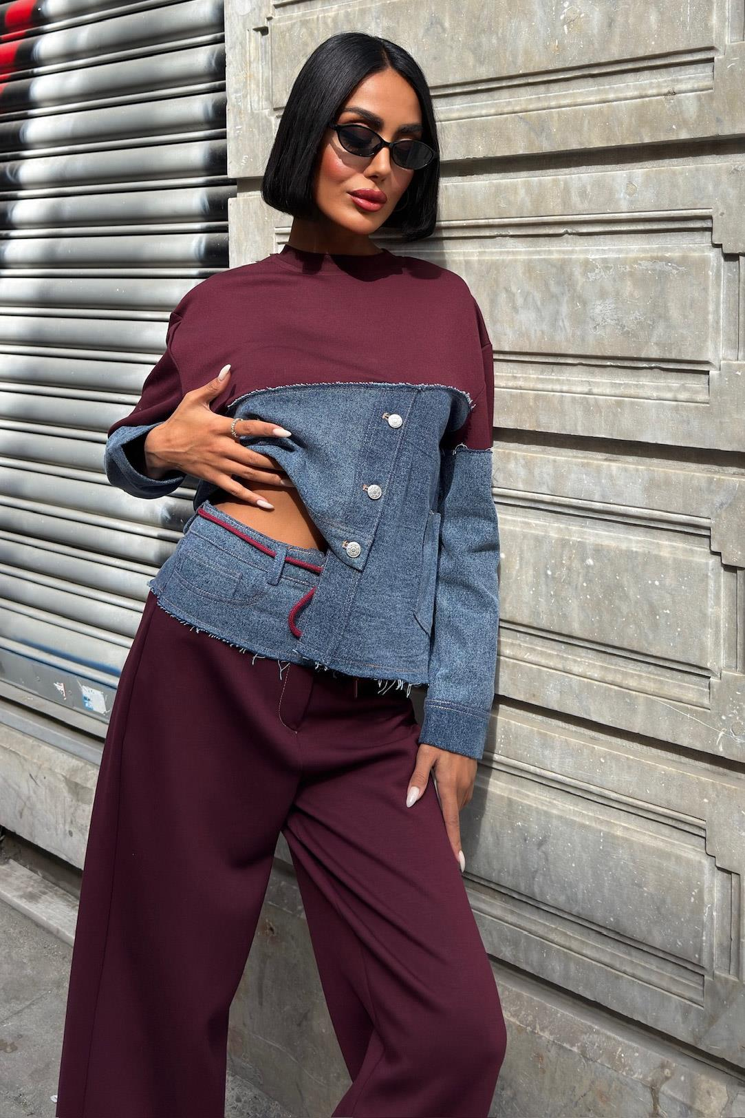 S6K10269Denim Garnili Asimetrik Modal Takım 10269