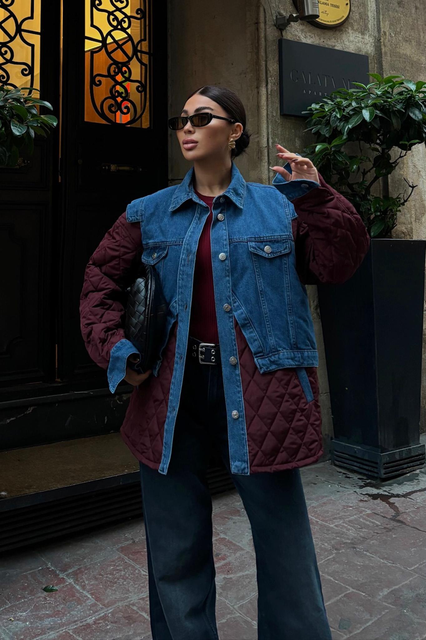 S5K7071Denim Garnili Kapitone Ceket 7071