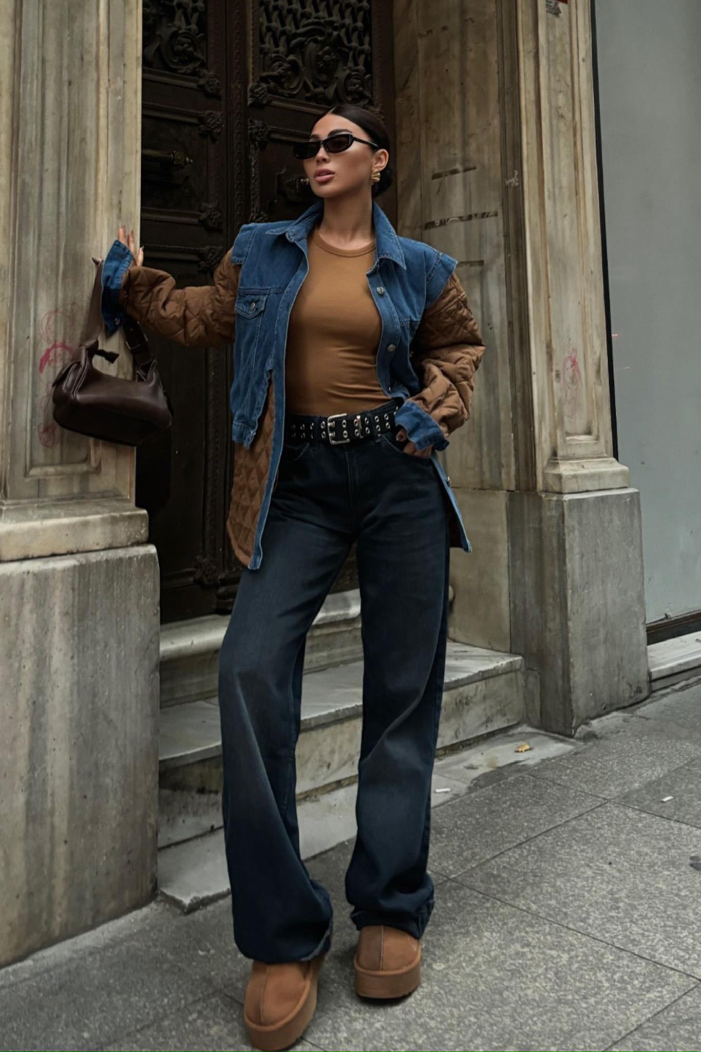 S5K7071Denim Garnili Kapitone Ceket 7071