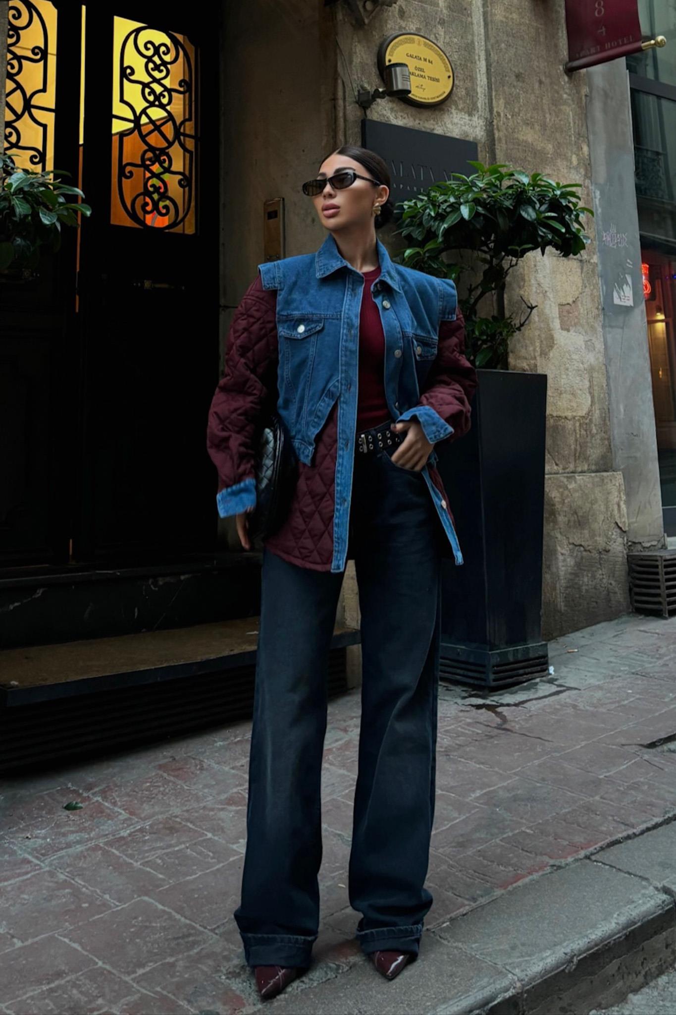 S5K7071Denim Garnili Kapitone Ceket 7071
