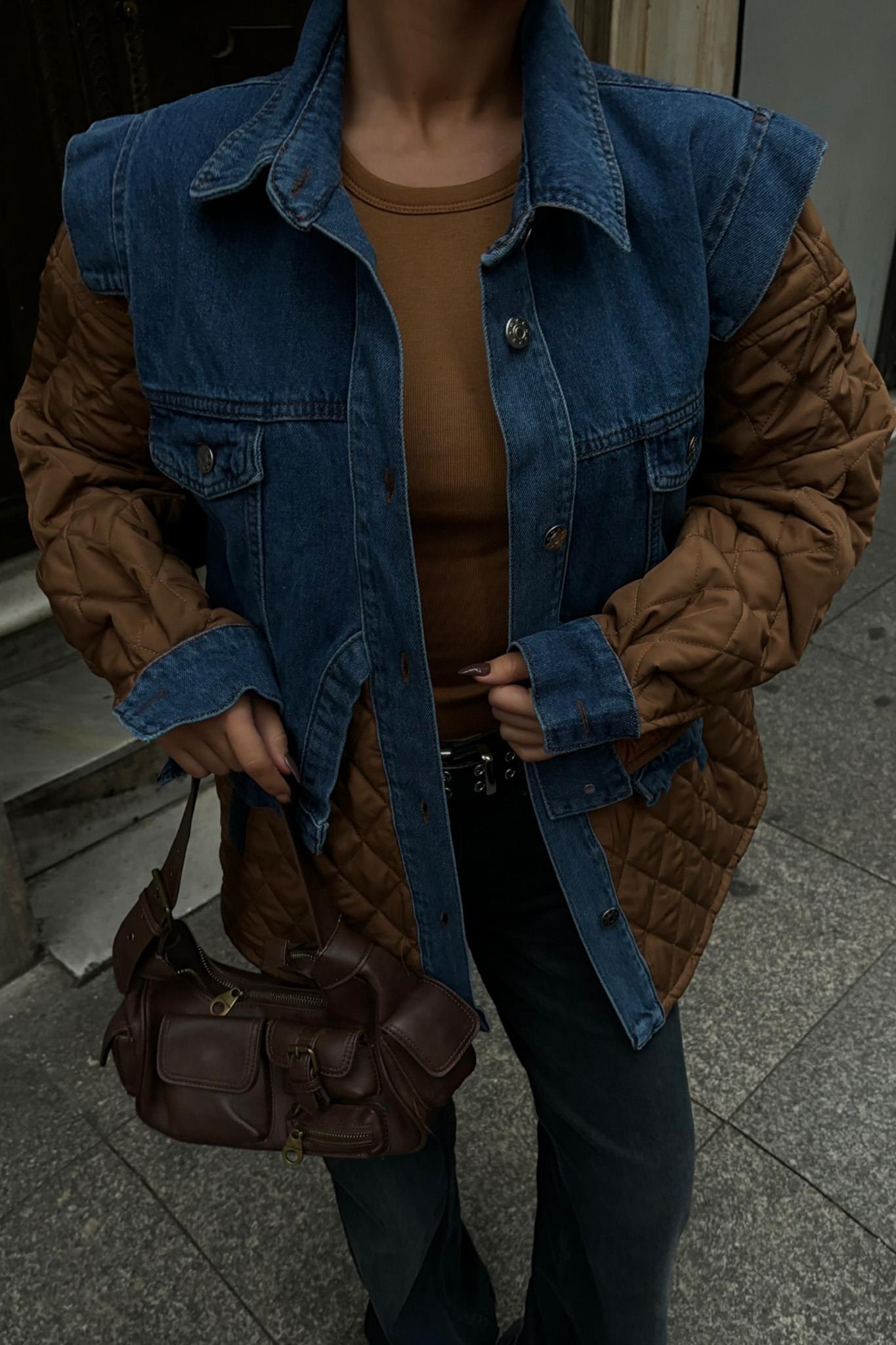 S5K7071Denim Garnili Kapitone Ceket 7071