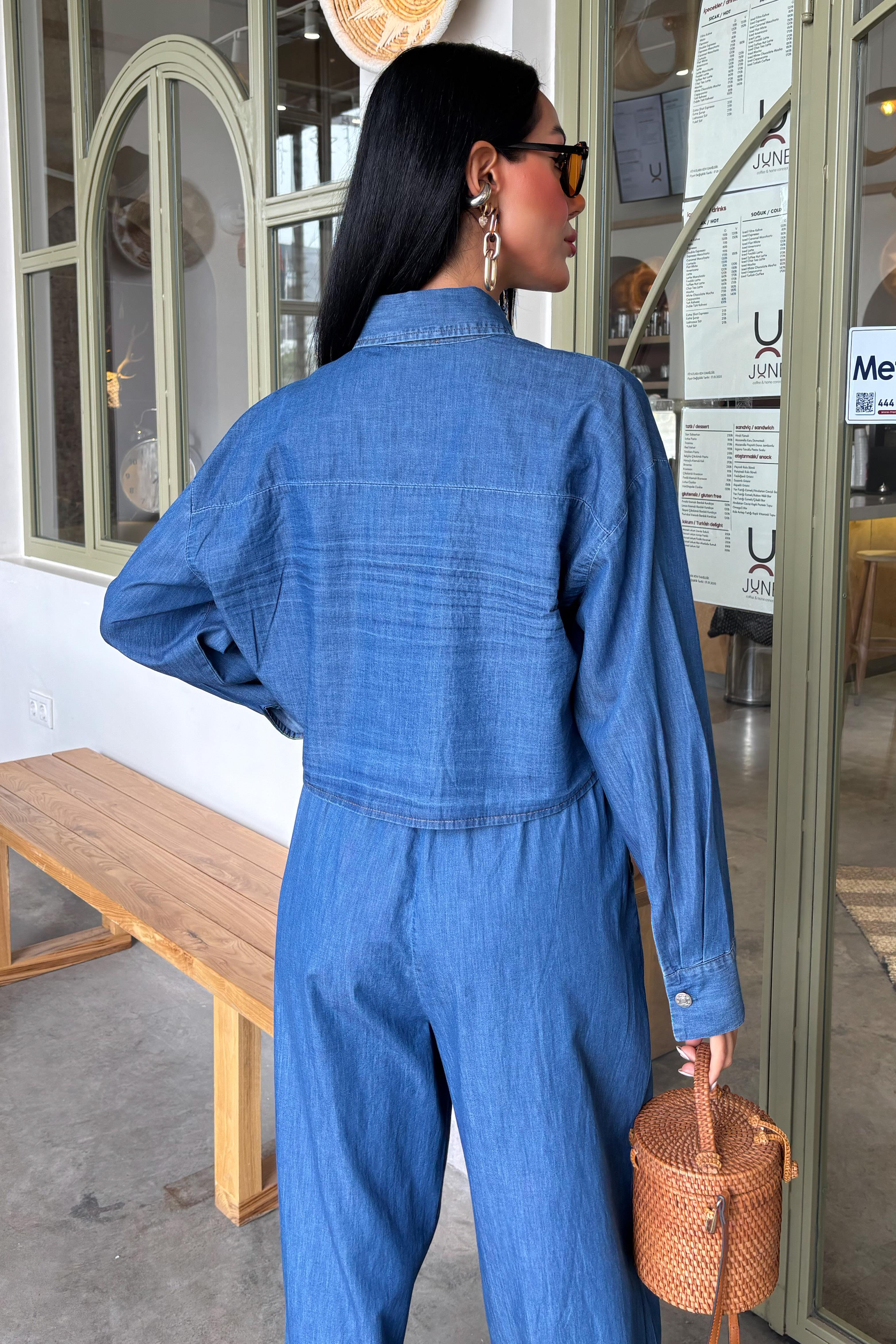S5Y10163Denim Gömlek Plazzo Pantolon Takım 10163-08