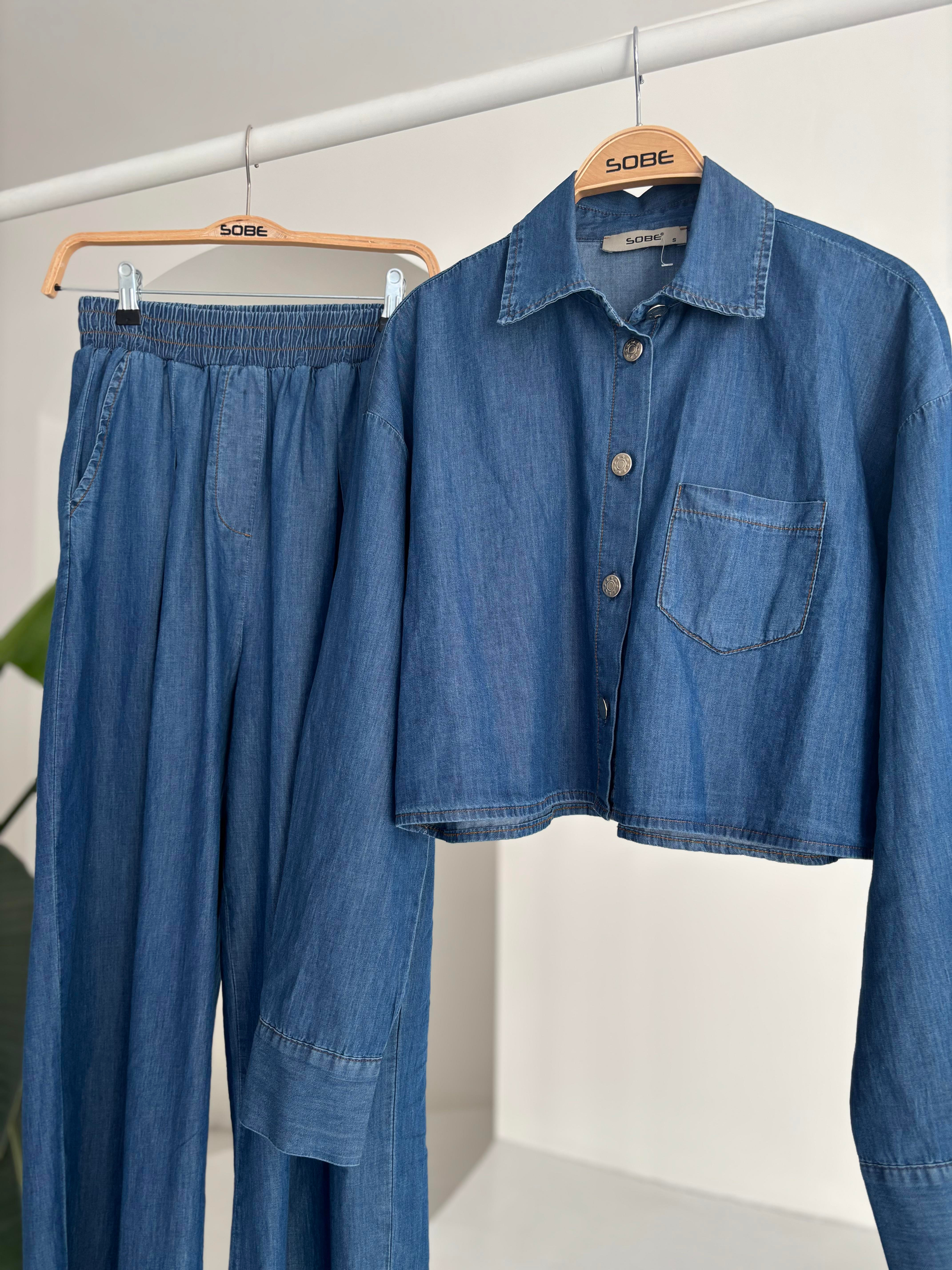 S5Y10163Denim Shirt Plazzo Trousers Set 10163-08