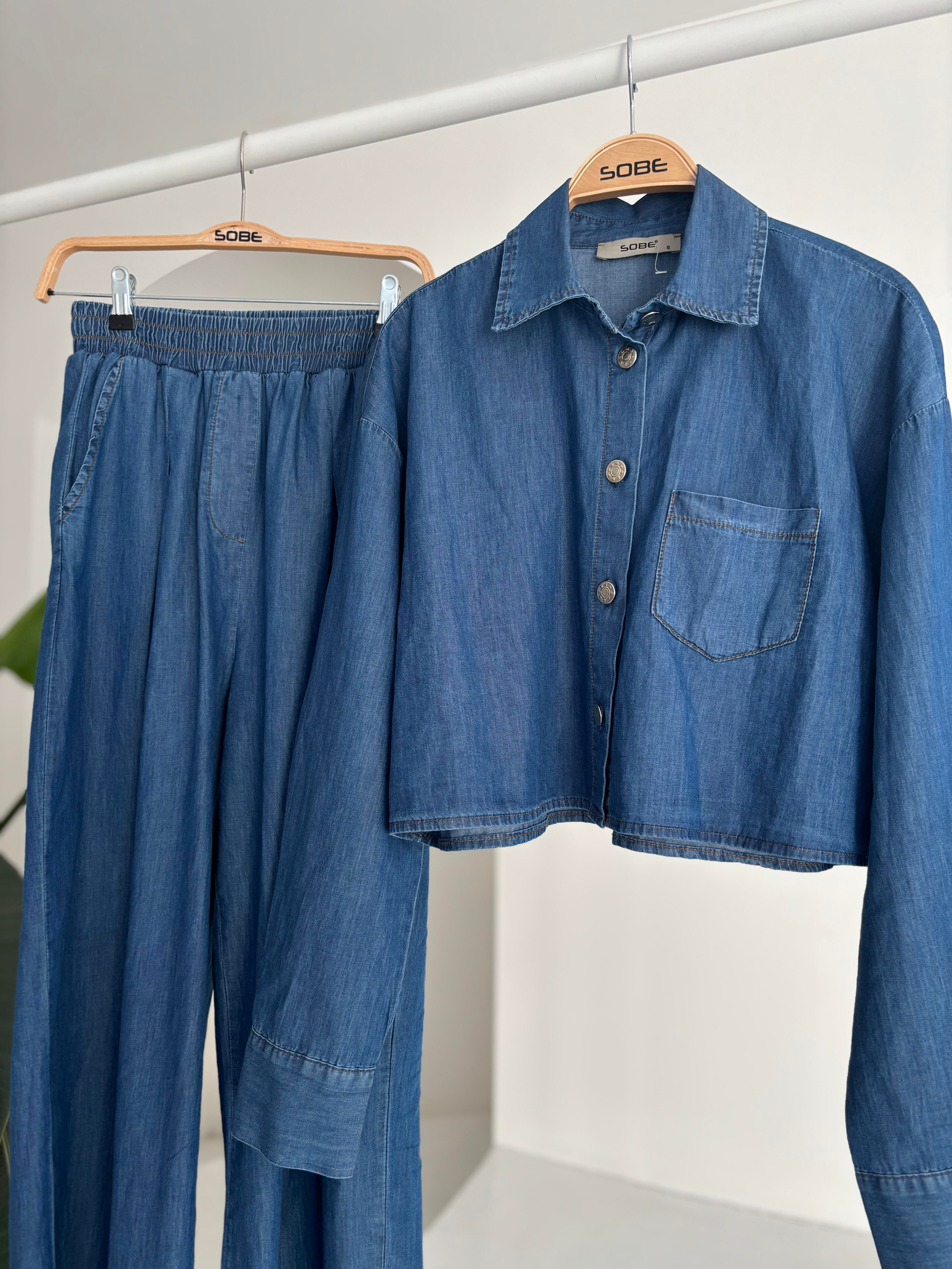 S5Y10163Denim Shirt Plazzo Trousers Set 10163-08