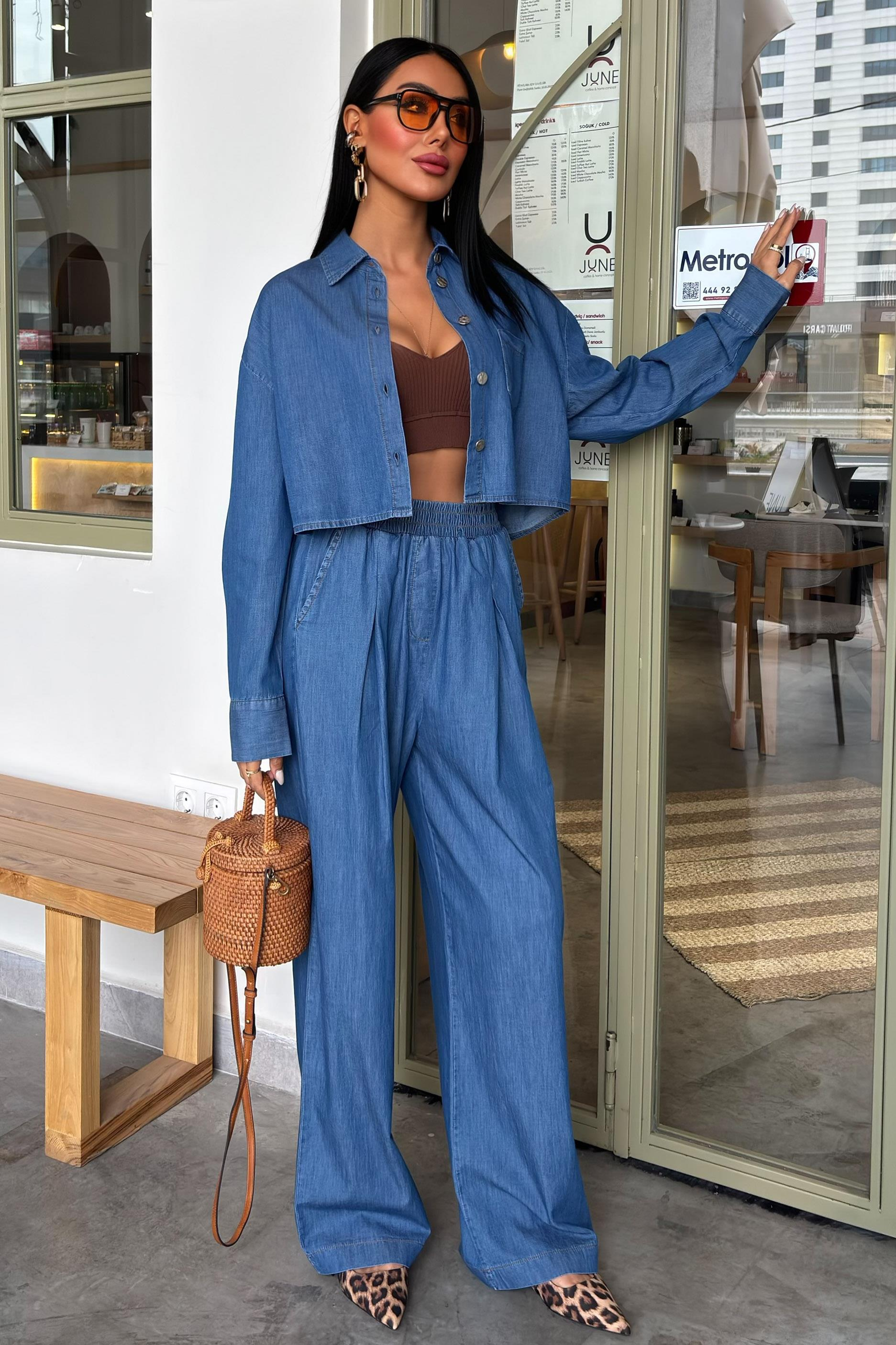 S5Y10163Denim Gömlek Plazzo Pantolon Takım 10163-08