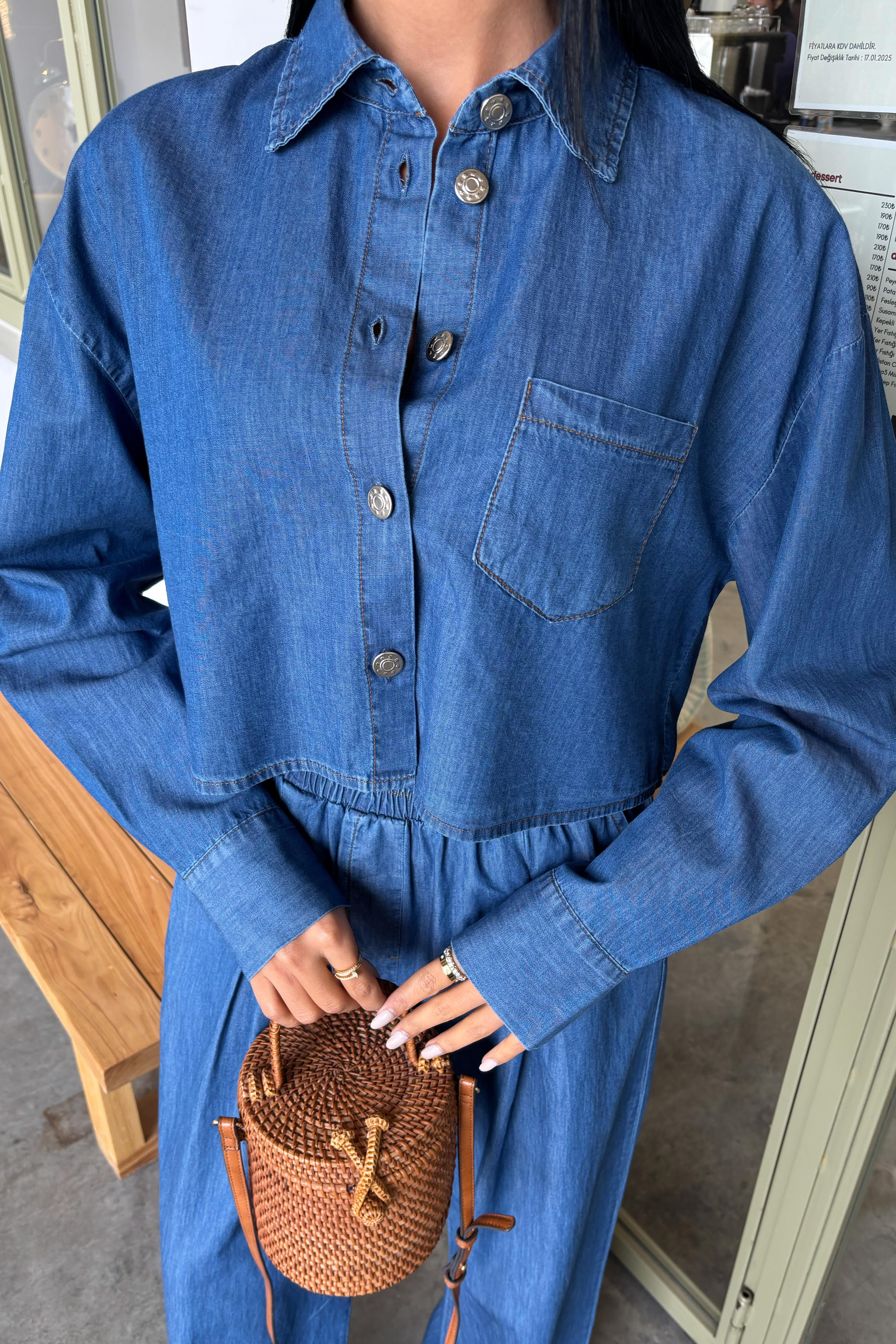 S5Y10163Denim Gömlek Plazzo Pantolon Takım 10163-08