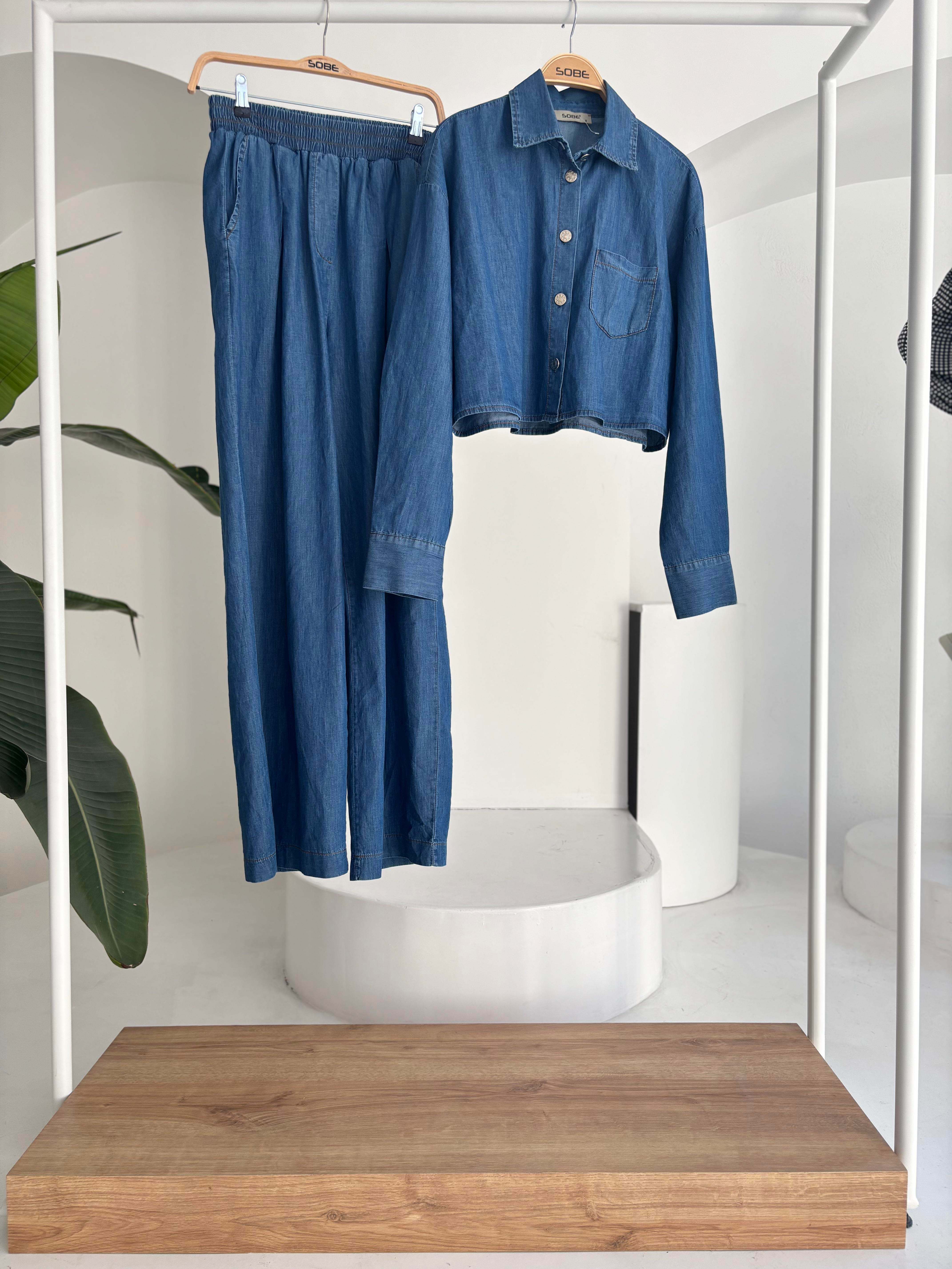 S5Y10163Denim Shirt Plazzo Trousers Set 10163-08