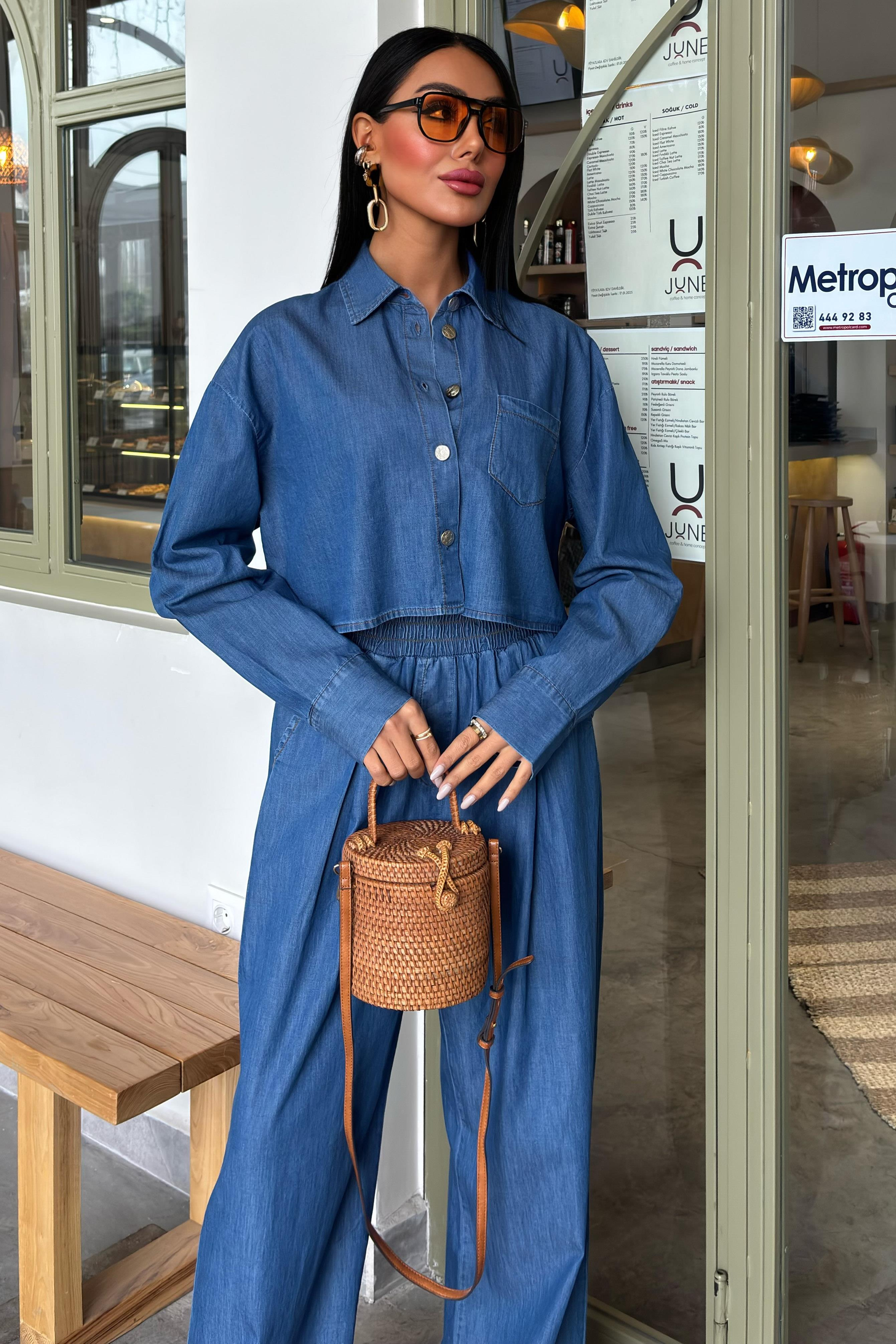 S5Y10163Denim Gömlek Plazzo Pantolon Takım 10163-08