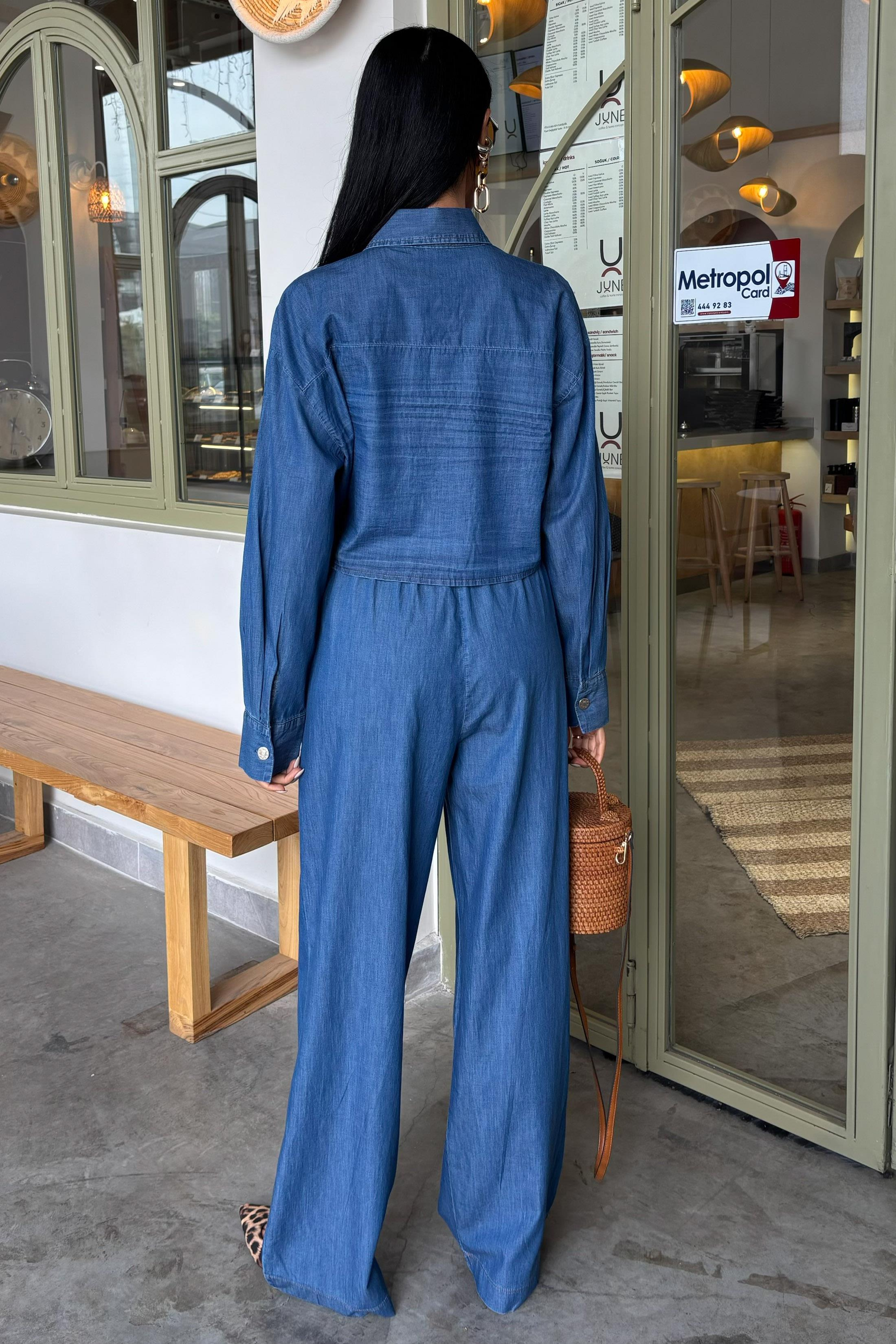 S5Y10163Denim Gömlek Plazzo Pantolon Takım 10163-08