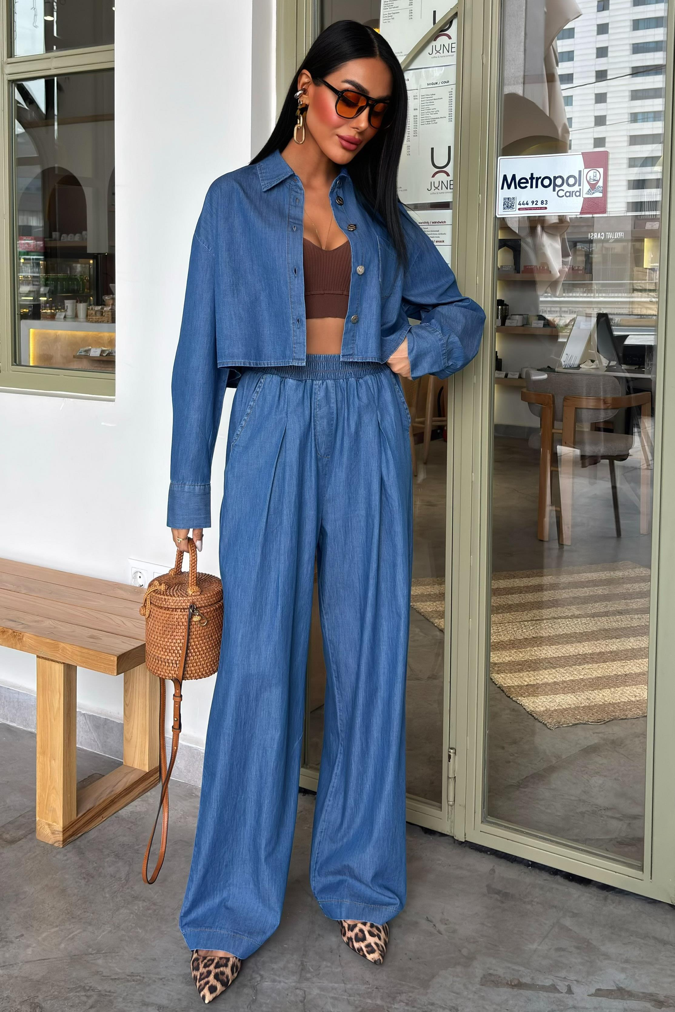 S5Y10163Denim Gömlek Plazzo Pantolon Takım 10163-08