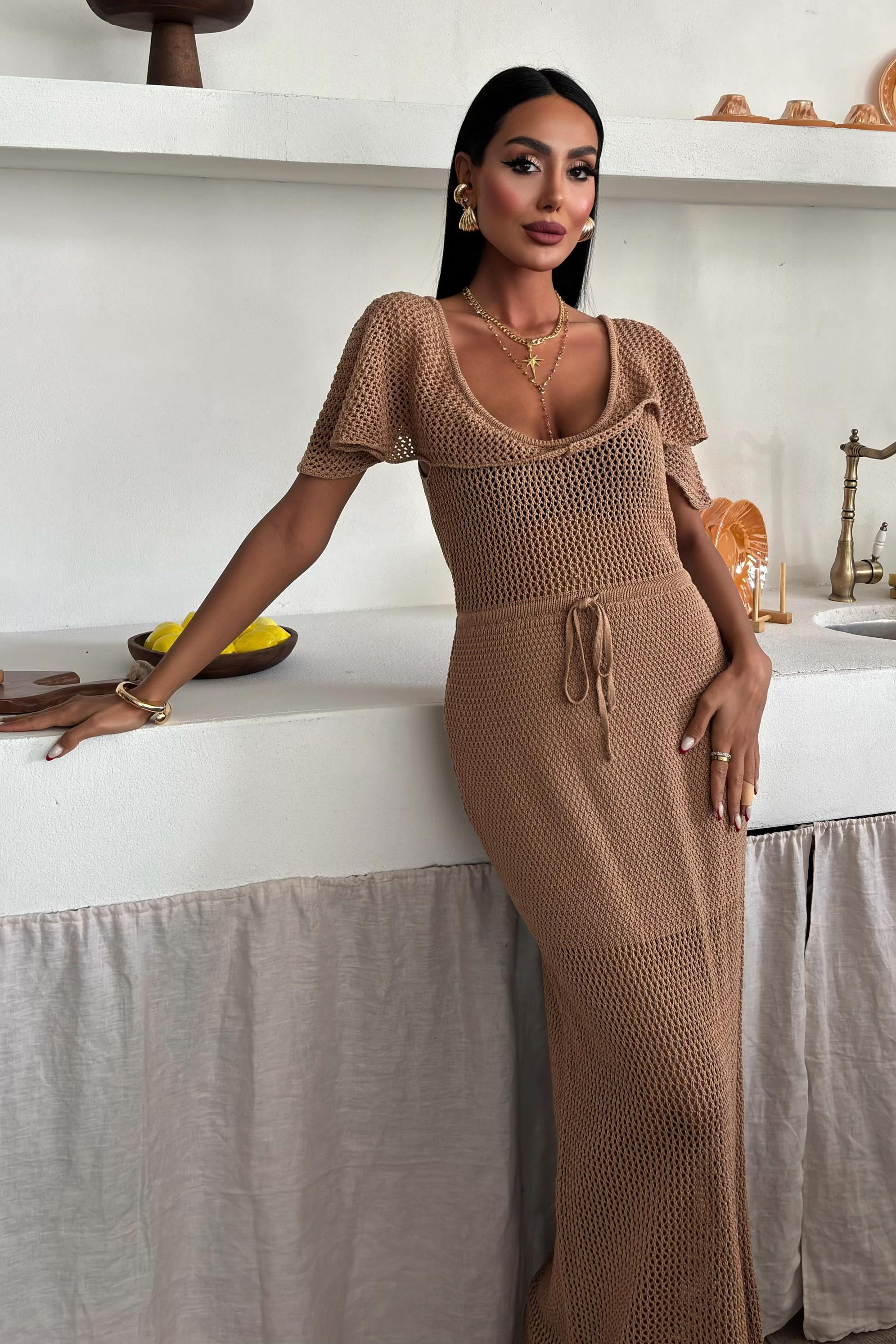 S5Y2867Derin Yakalı ve File Detaylı Triko Elbise 2867