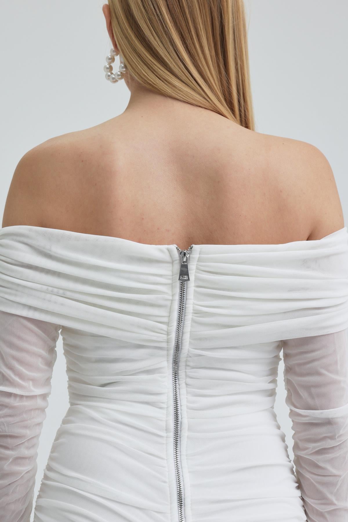 S6K2939Drape Detaylı Midi Tül Elbise 2939