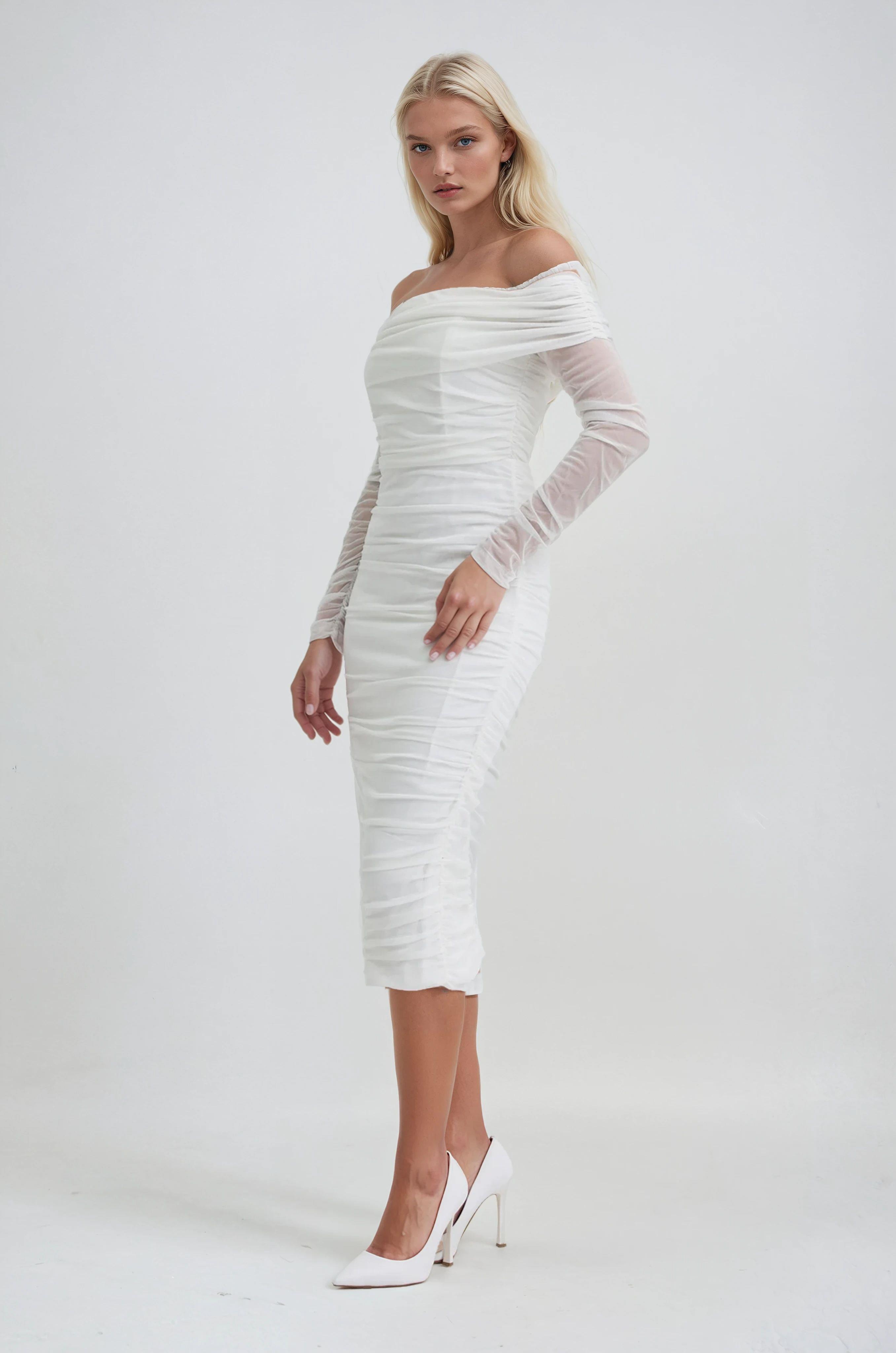 S6K2939Drape Detaylı Midi Tül Elbise 2939