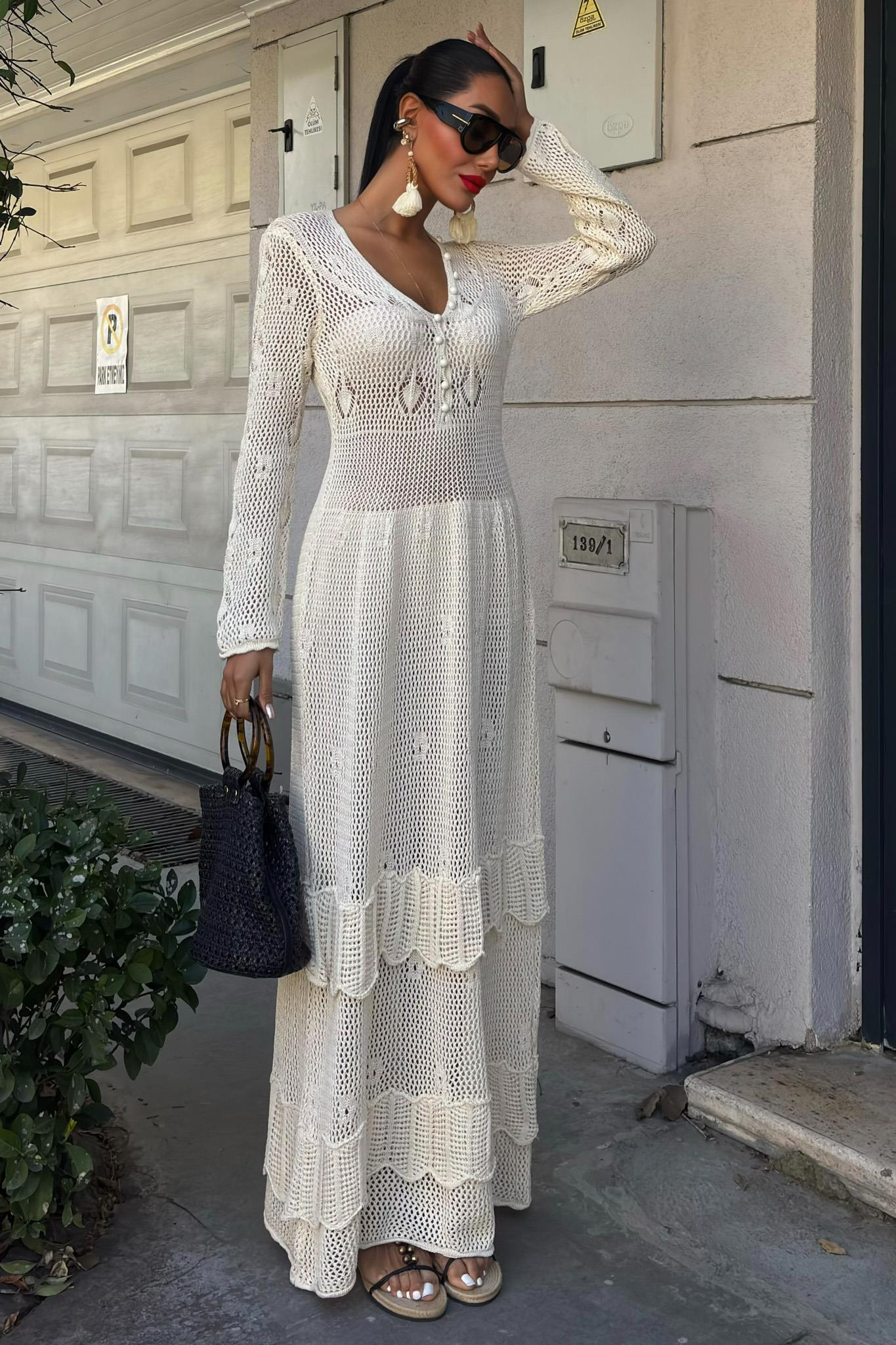 S5Y2859Button Detail and Layered Skirt Ethnic Dress 2859