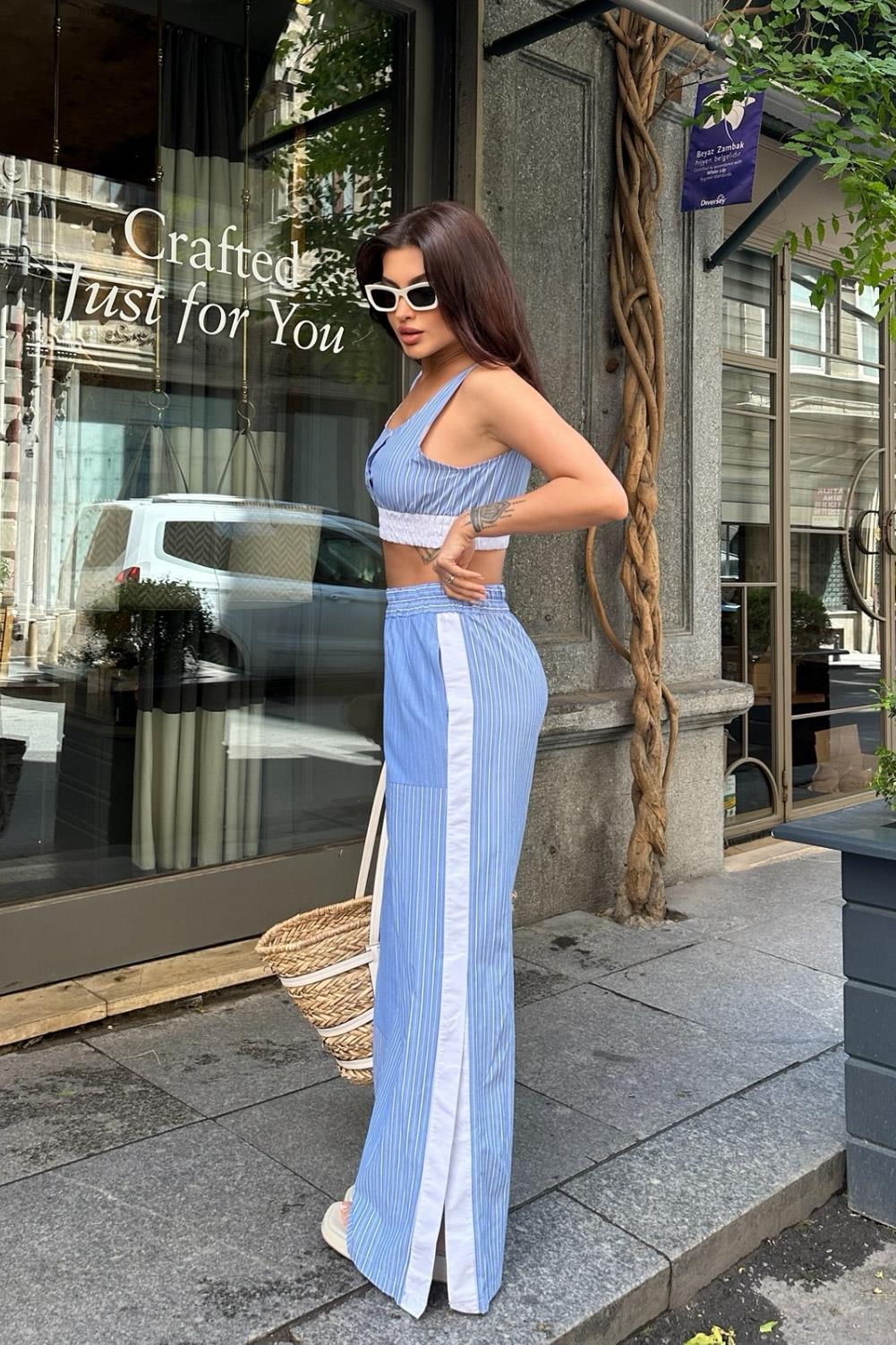 S4Y9804Elise Çizgili Yırtmaç Detaylı Takım 9804-0025
