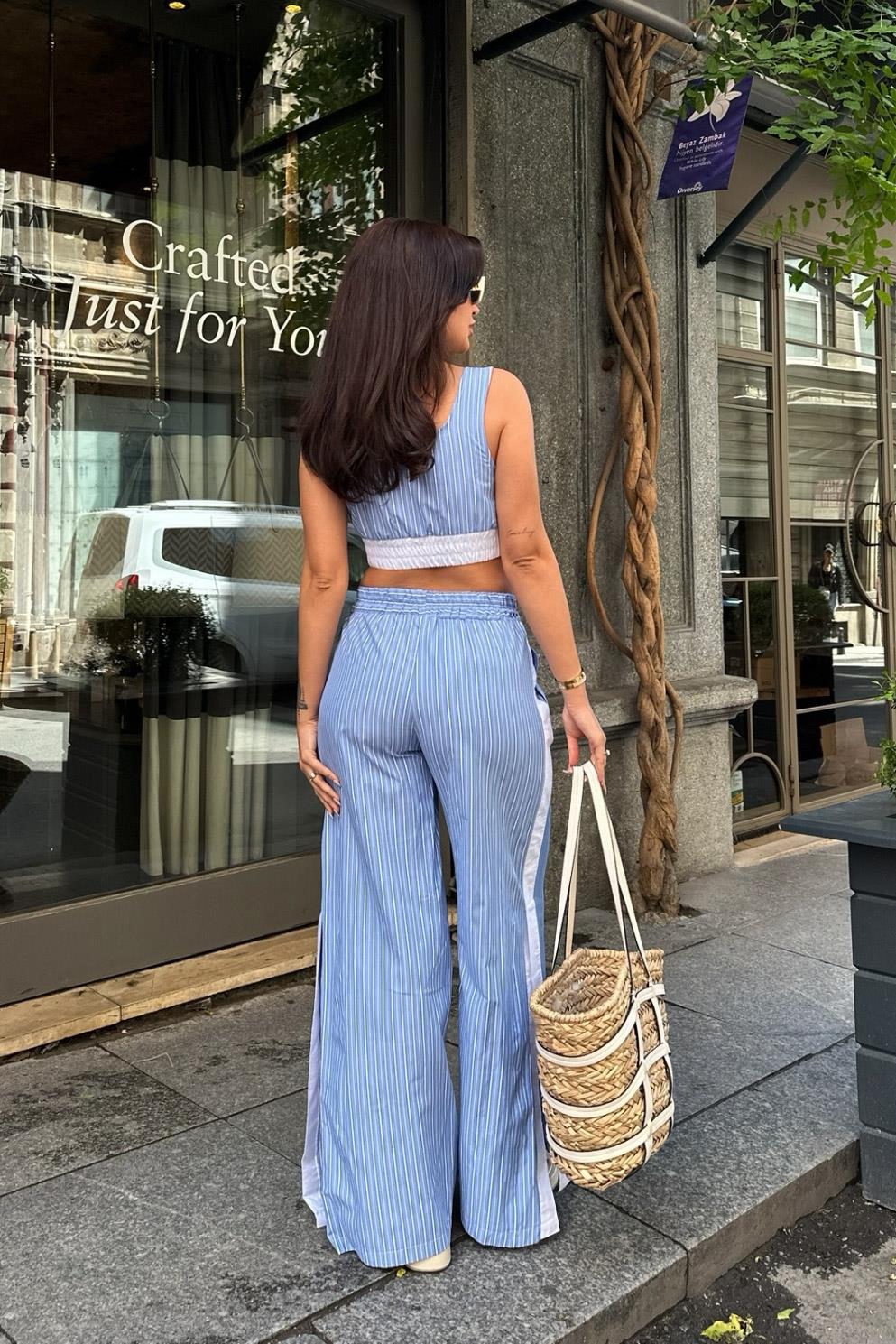 S4Y9804Elise Çizgili Yırtmaç Detaylı Takım 9804-0025