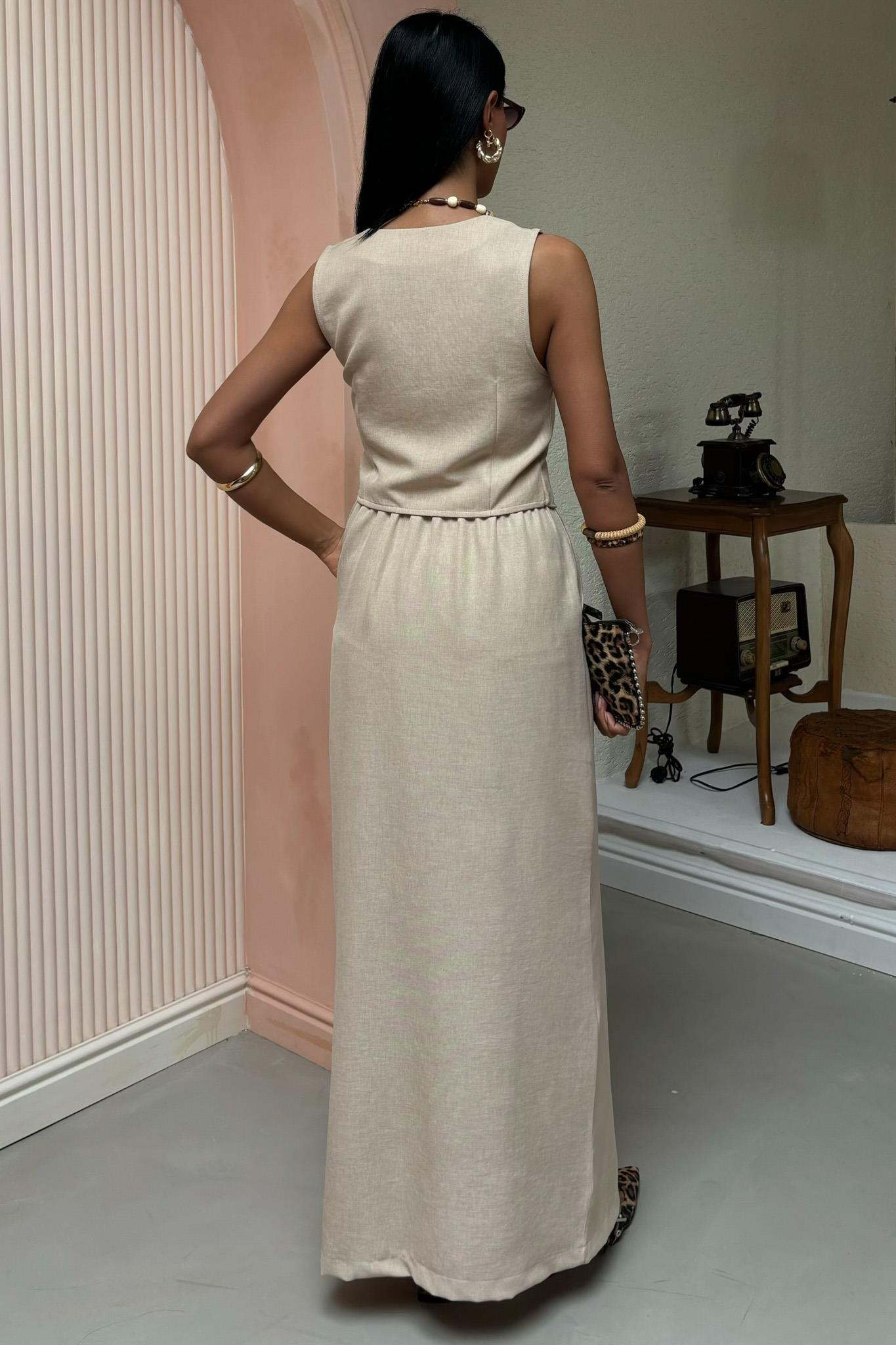 S5Y10131Linen Suit with Skirt Slit and Vest 10131