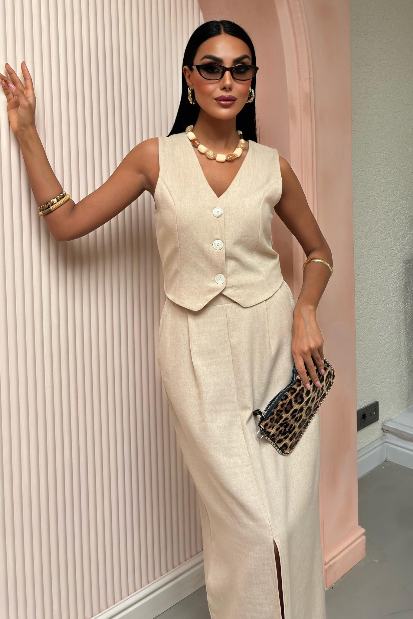 S5Y10131Linen Suit with Skirt Slit and Vest 10131