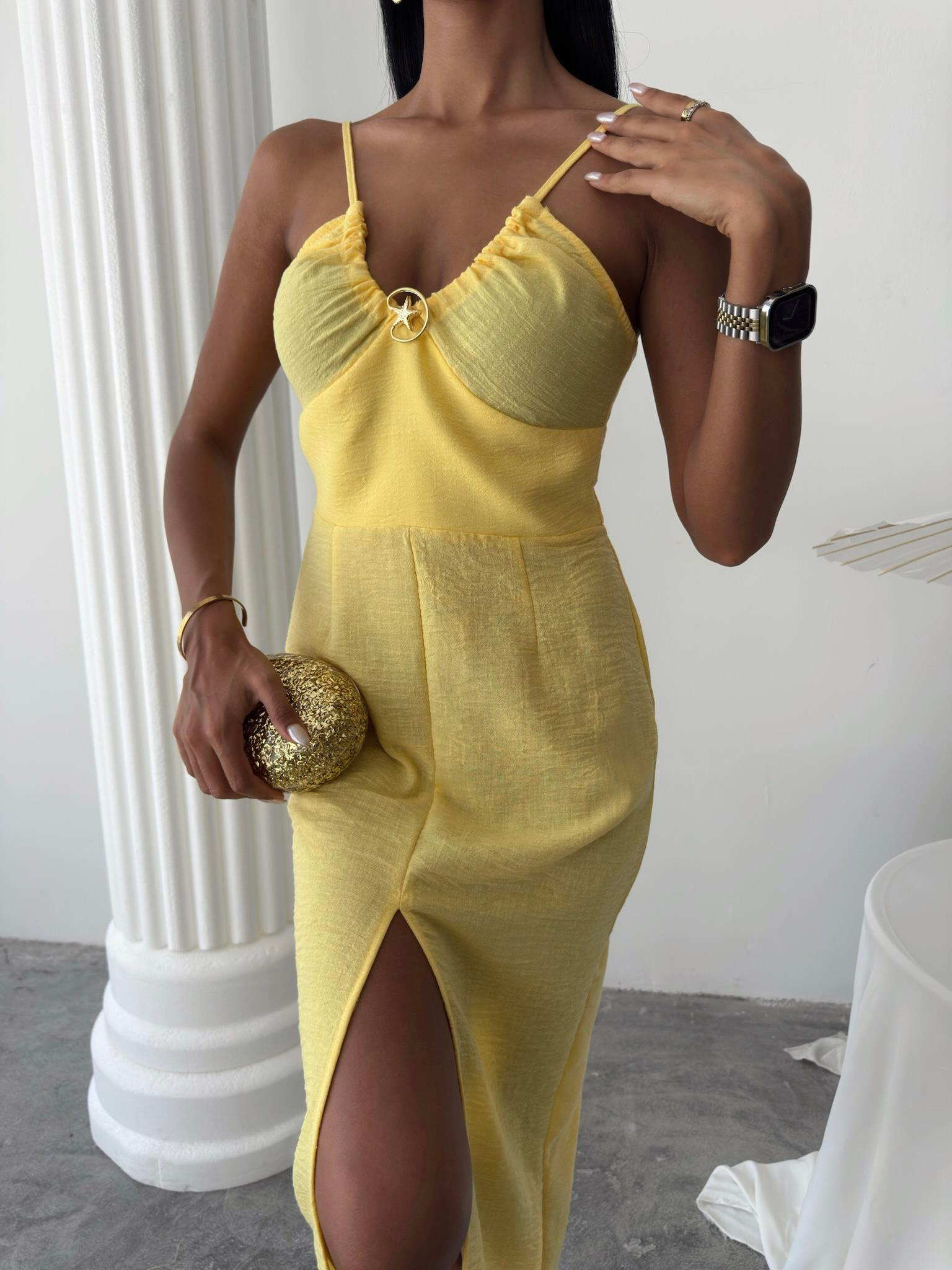 S5Y2899Front Slit Dress with Chest Accessory 2899