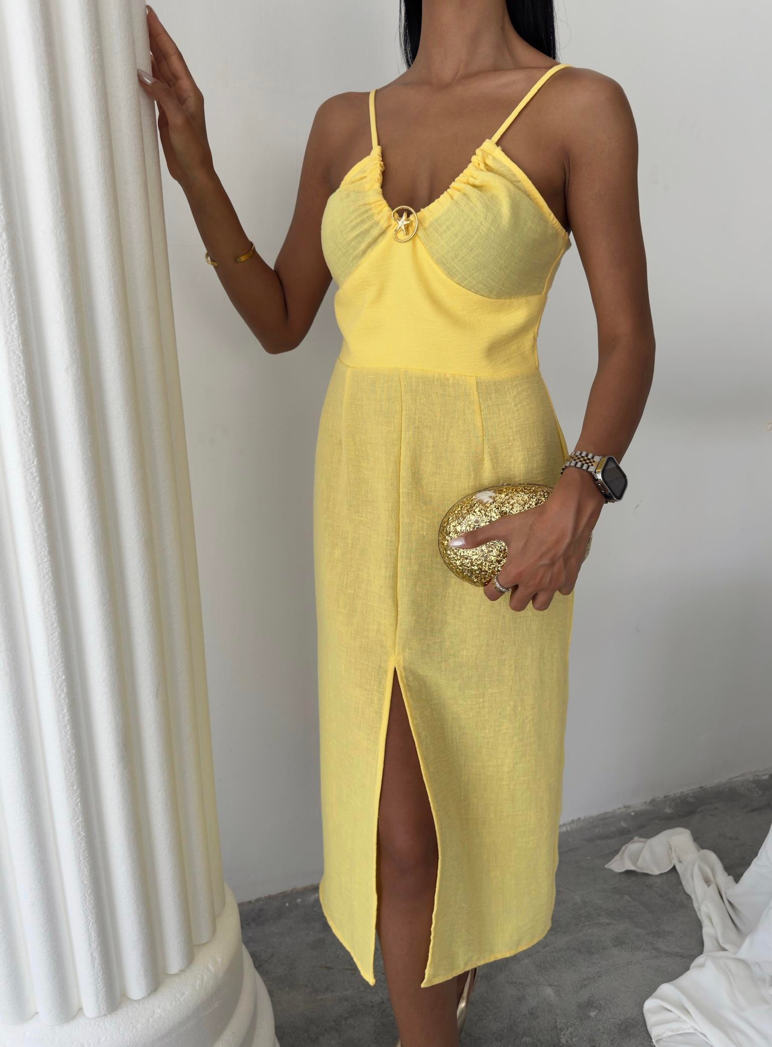 S5Y2899Front Slit Dress with Chest Accessory 2899