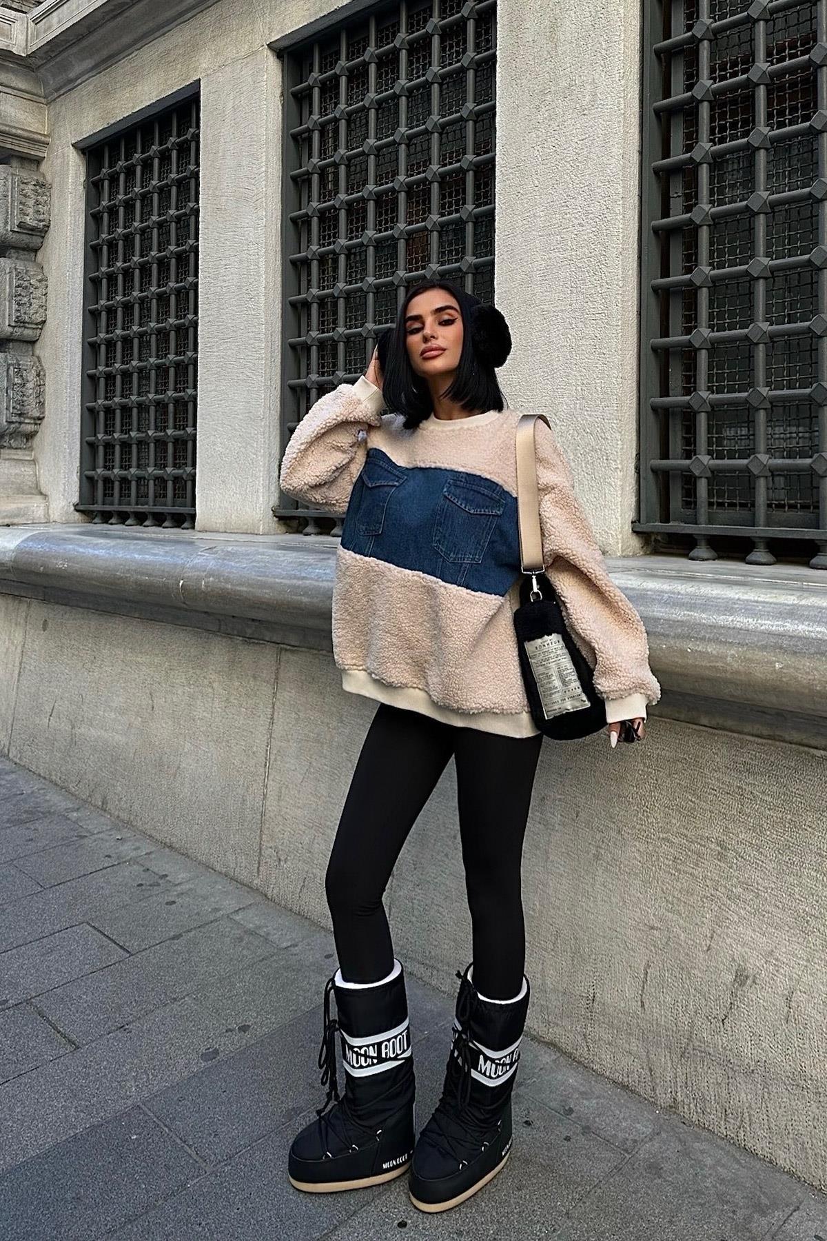 S5K3402Göğsü Denim Garnili Sweatshirt 3402