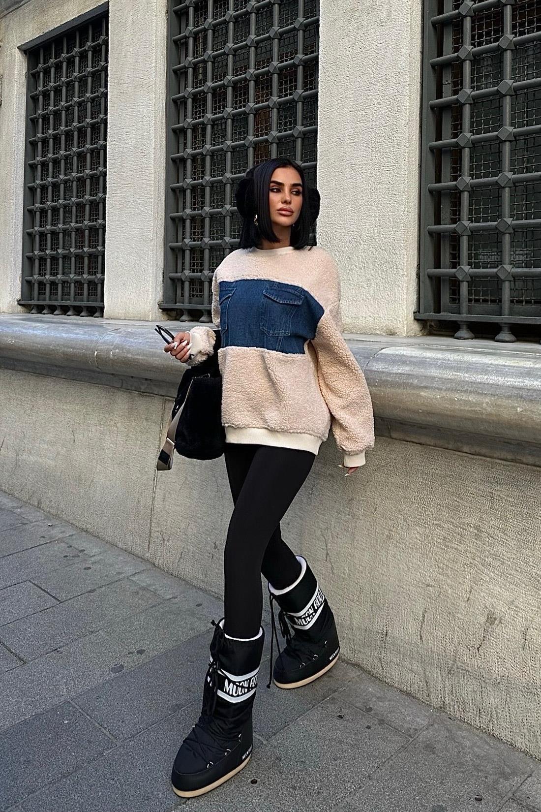 S5K3402Göğsü Denim Garnili Sweatshirt 3402