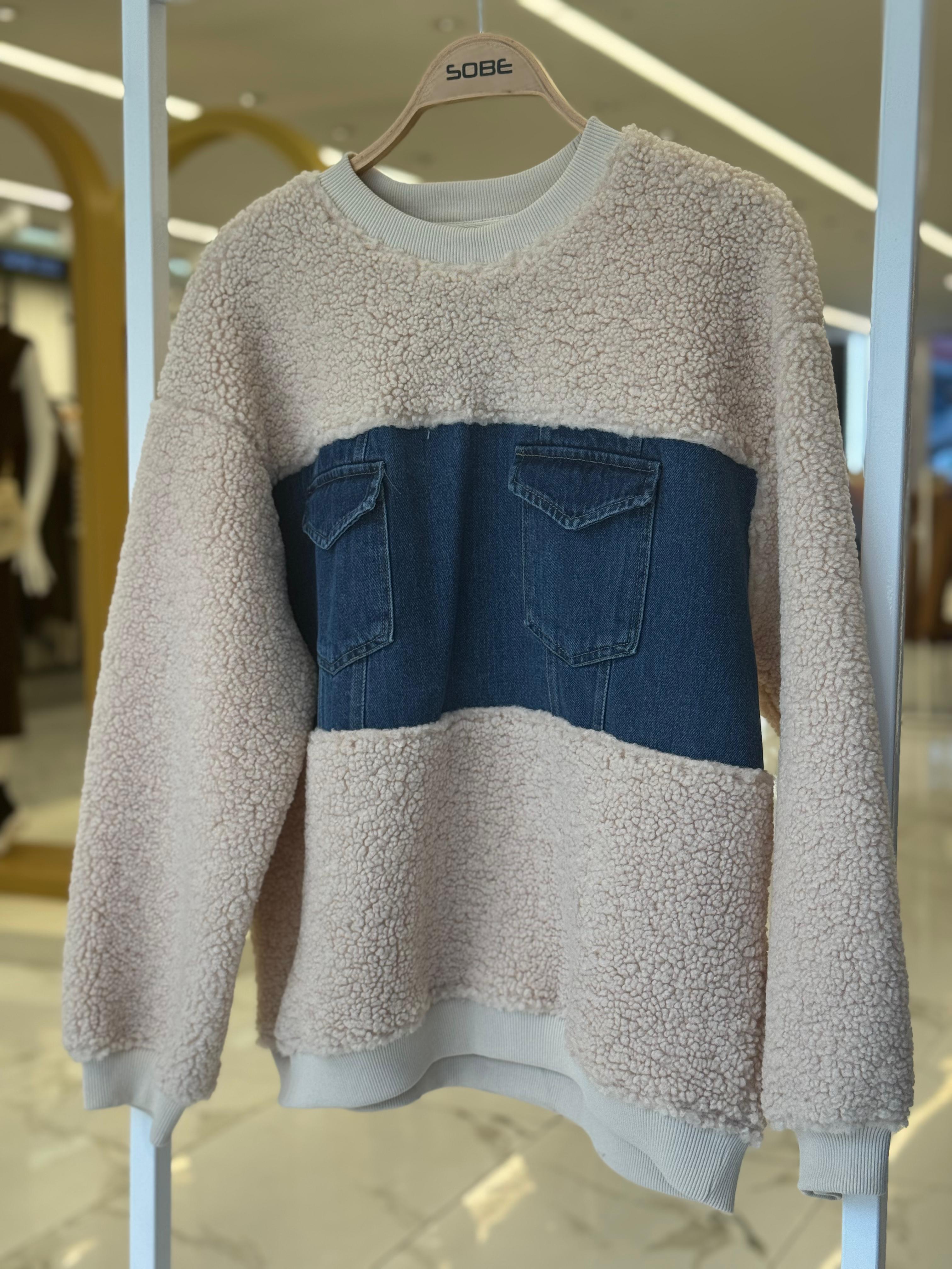 S5K3402Göğsü Denim Garnili Sweatshirt 3402