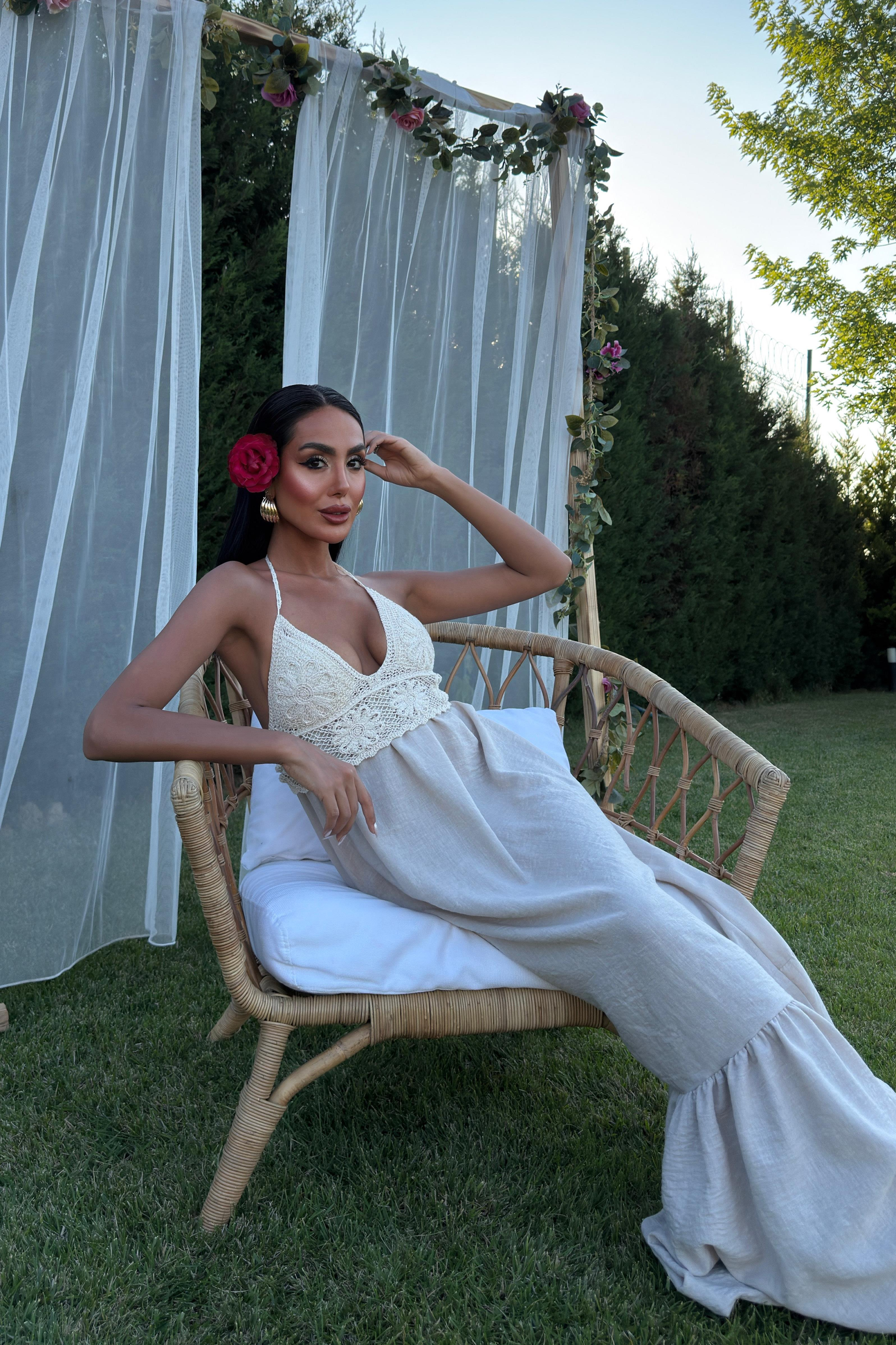 S5Y2904Göğsü Trikolu Keten Uzun Elbise 2904-08