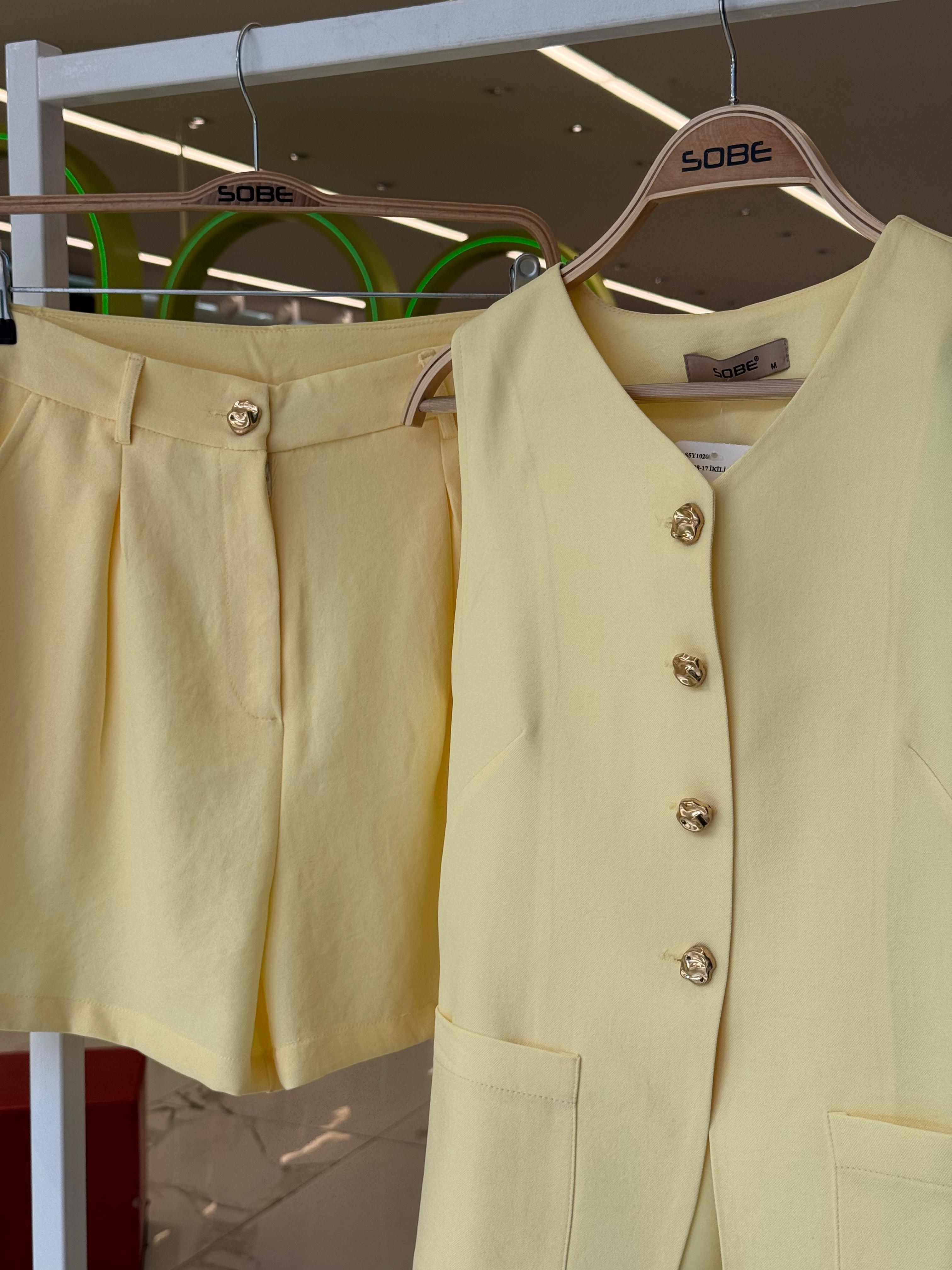 S5Y10208Gold Düğme Detaylı Yelek Şort Cotton Takım 10208