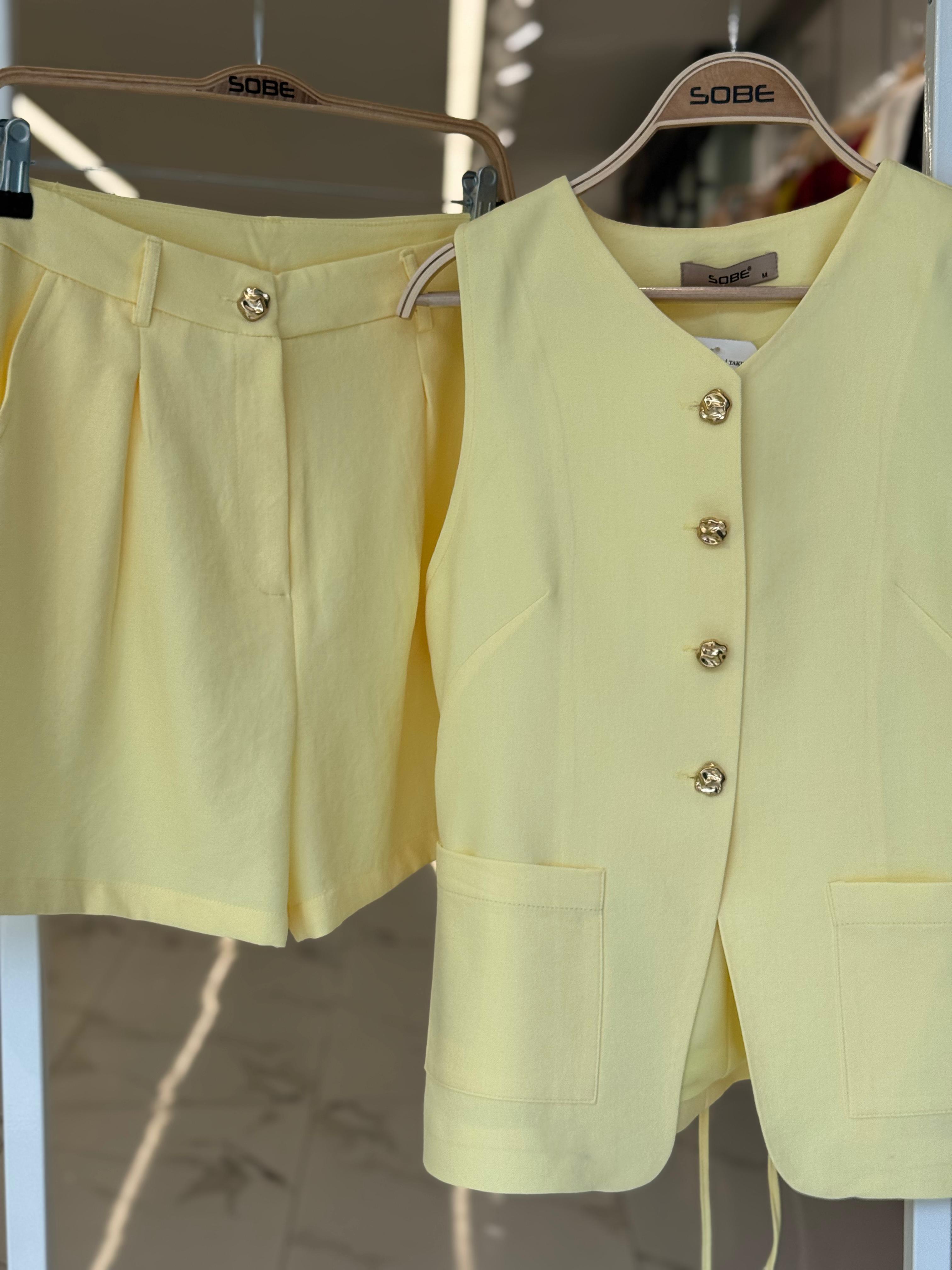 S5Y10208Gold Düğme Detaylı Yelek Şort Cotton Takım 10208