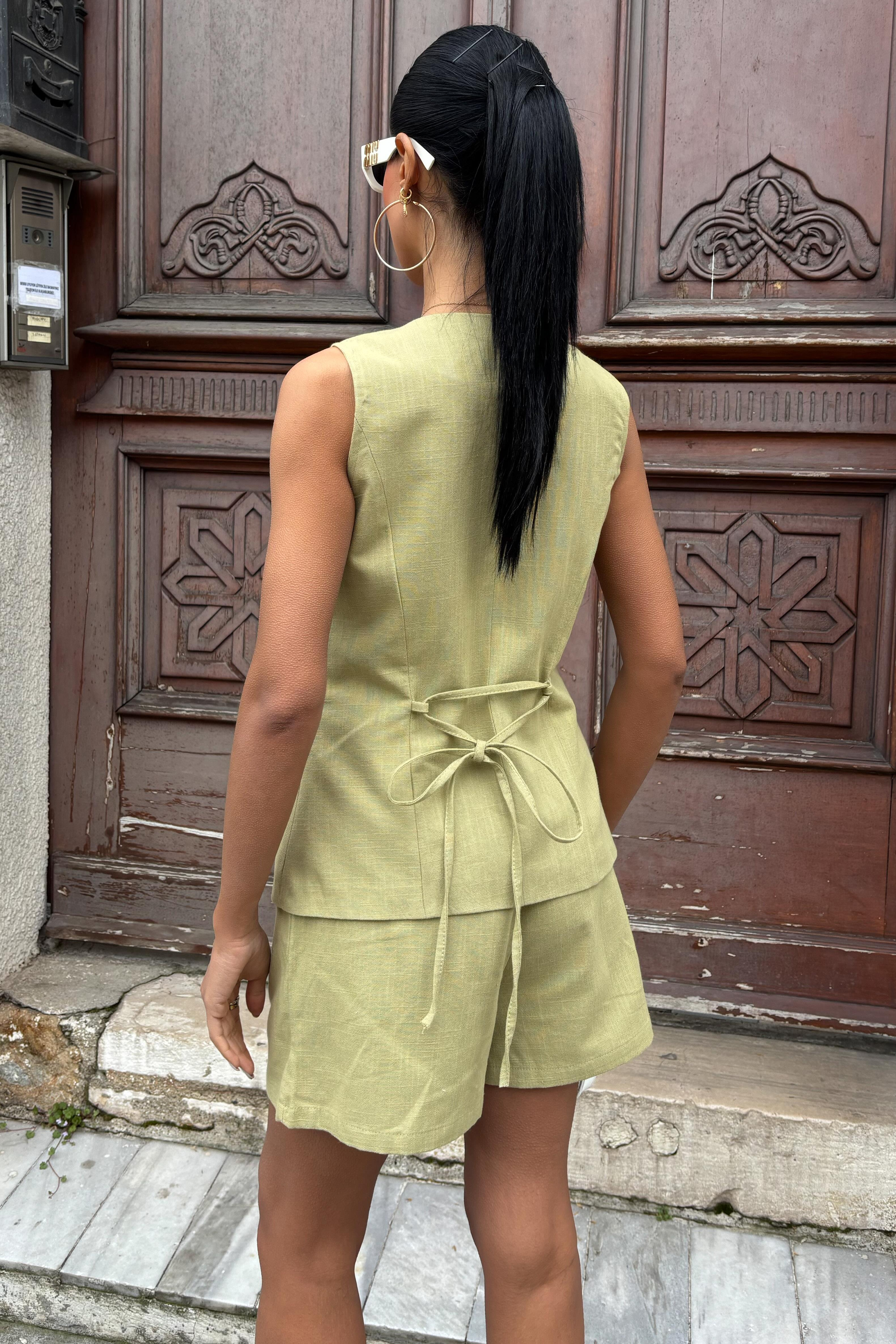 S5Y10134Gold Düğme Detaylı Yelek Şort Cotton Takım 10134-17