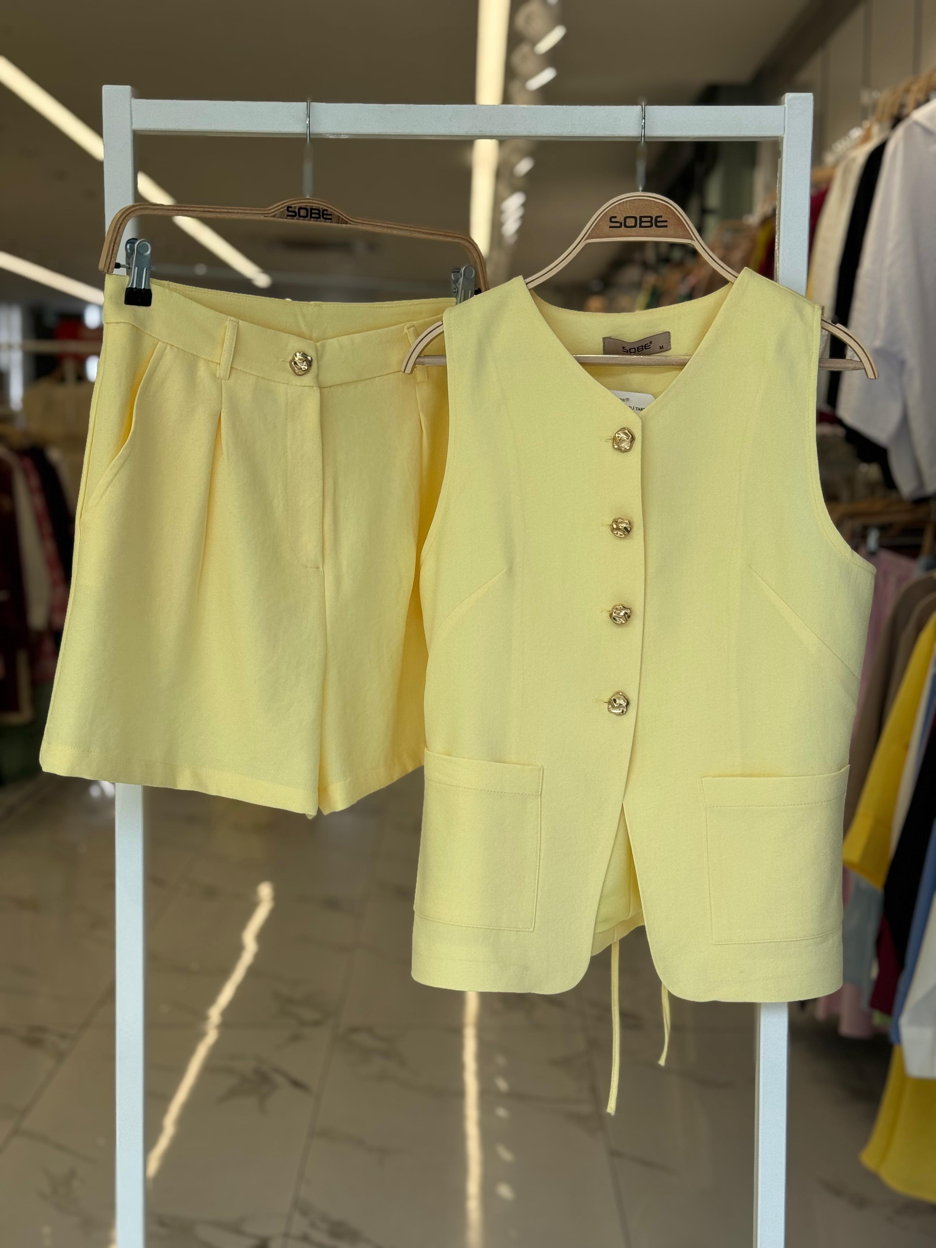 S5Y10208Gold Düğme Detaylı Yelek Şort Cotton Takım 10208