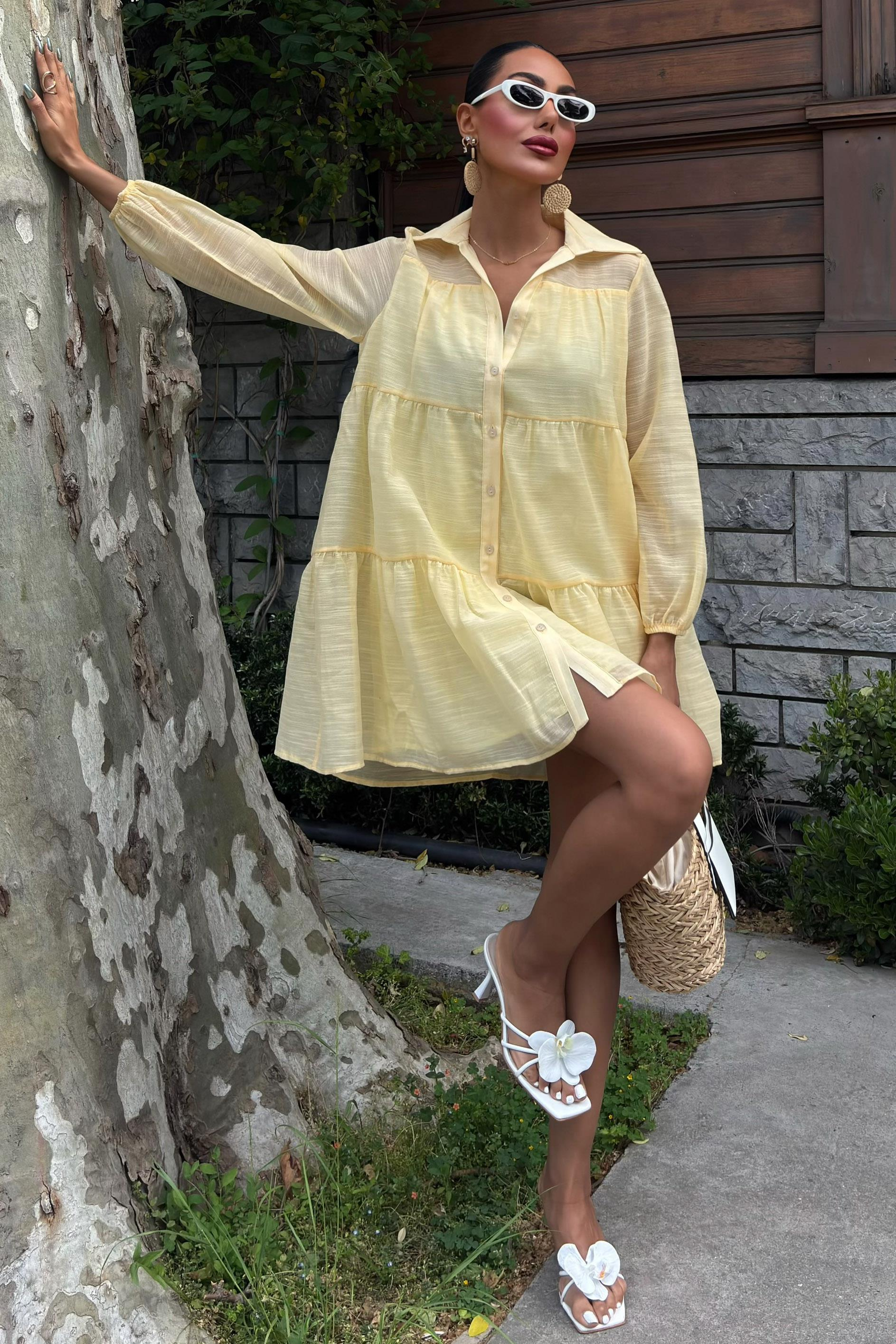 S5Y2898Shirt Collar Pleated Dress 2898