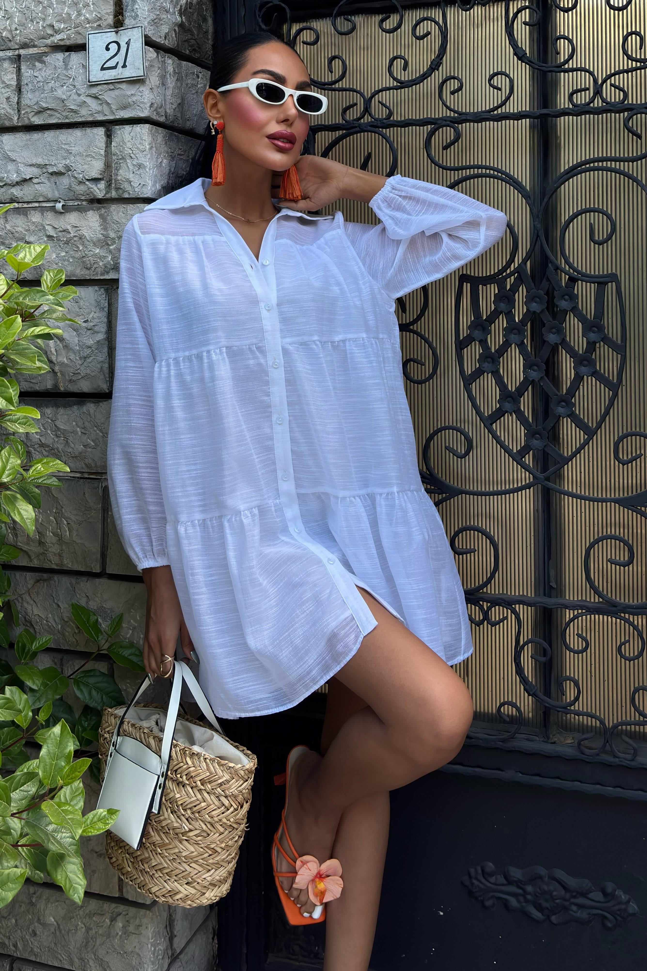 S5Y2898Shirt Collar Pleated Dress 2898