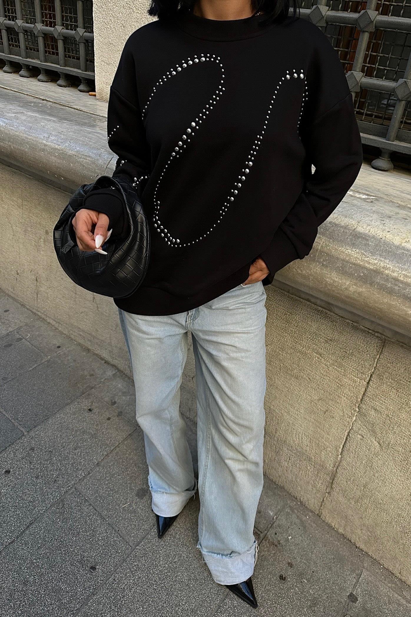 S5K8052Gümüş Taşlı Sweatshirt 8052